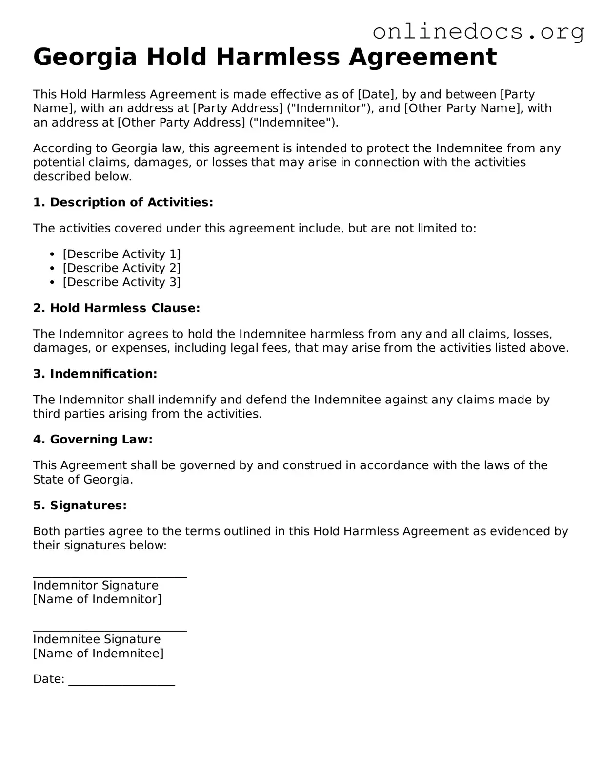 Fillable  Hold Harmless Agreement Form for Georgia