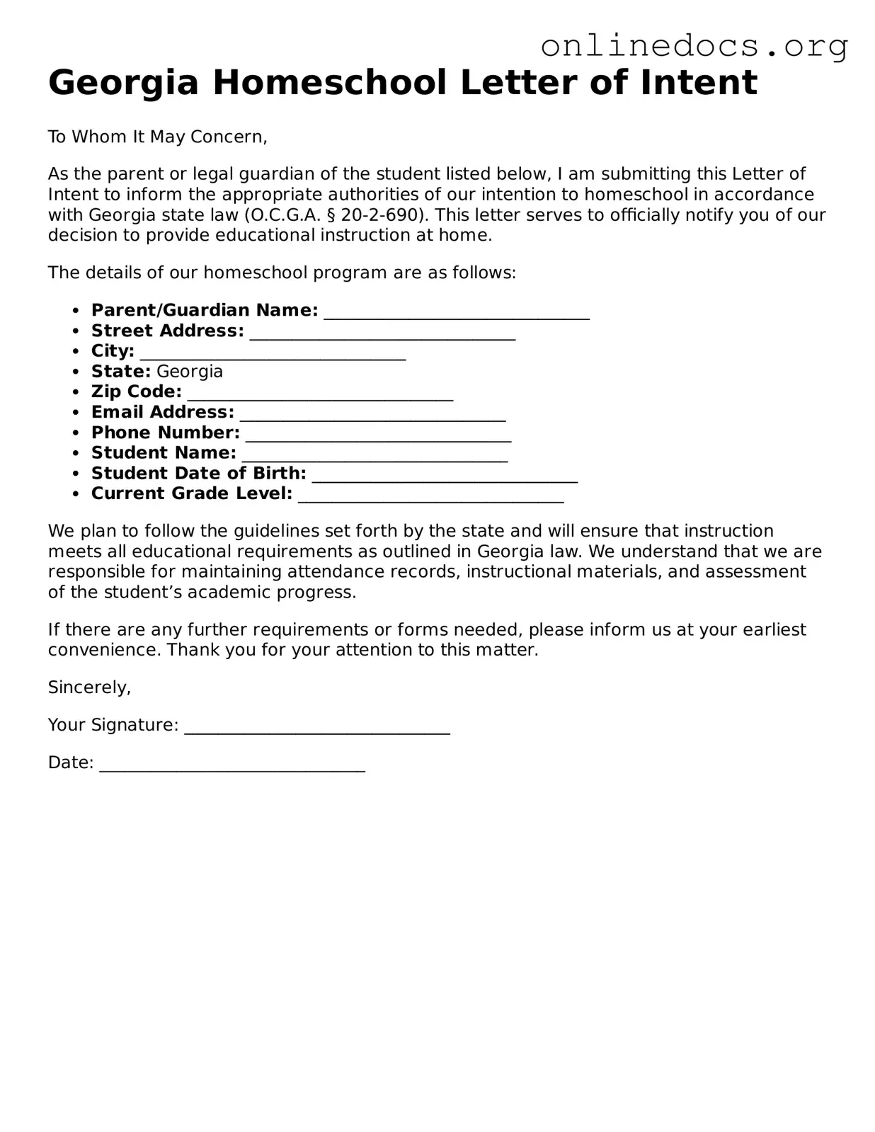 Fillable  Homeschool Letter of Intent Form for Georgia