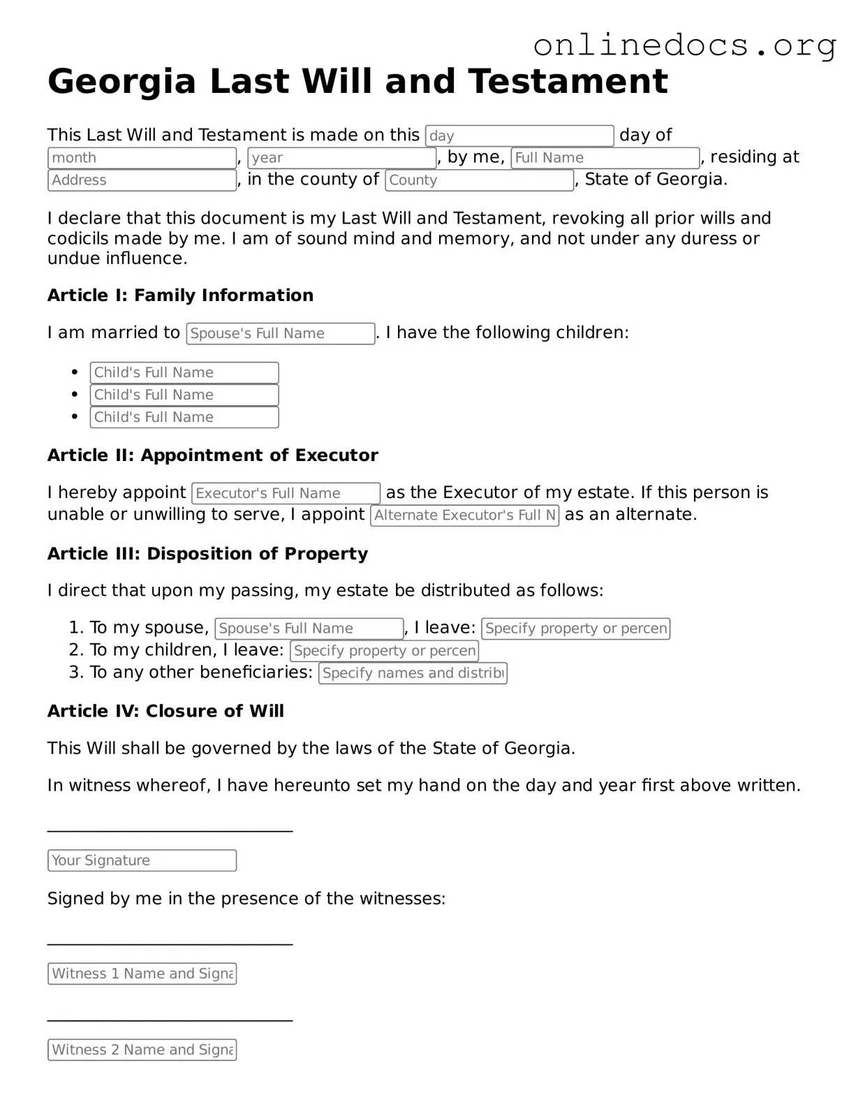 Fillable  Last Will and Testament Form for Georgia