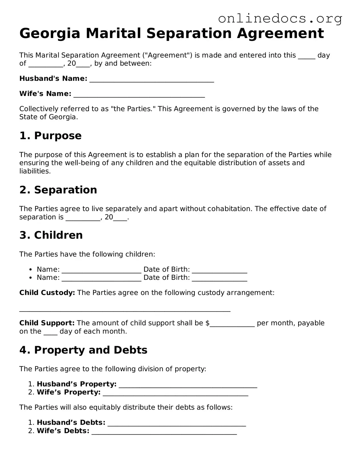 Fillable  Marital Separation Agreement Form for Georgia