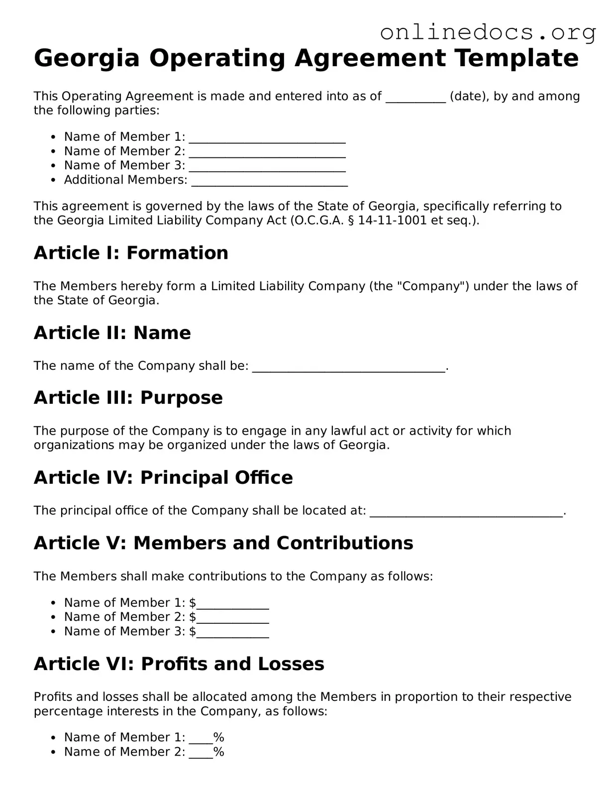 Fillable  Operating Agreement Form for Georgia