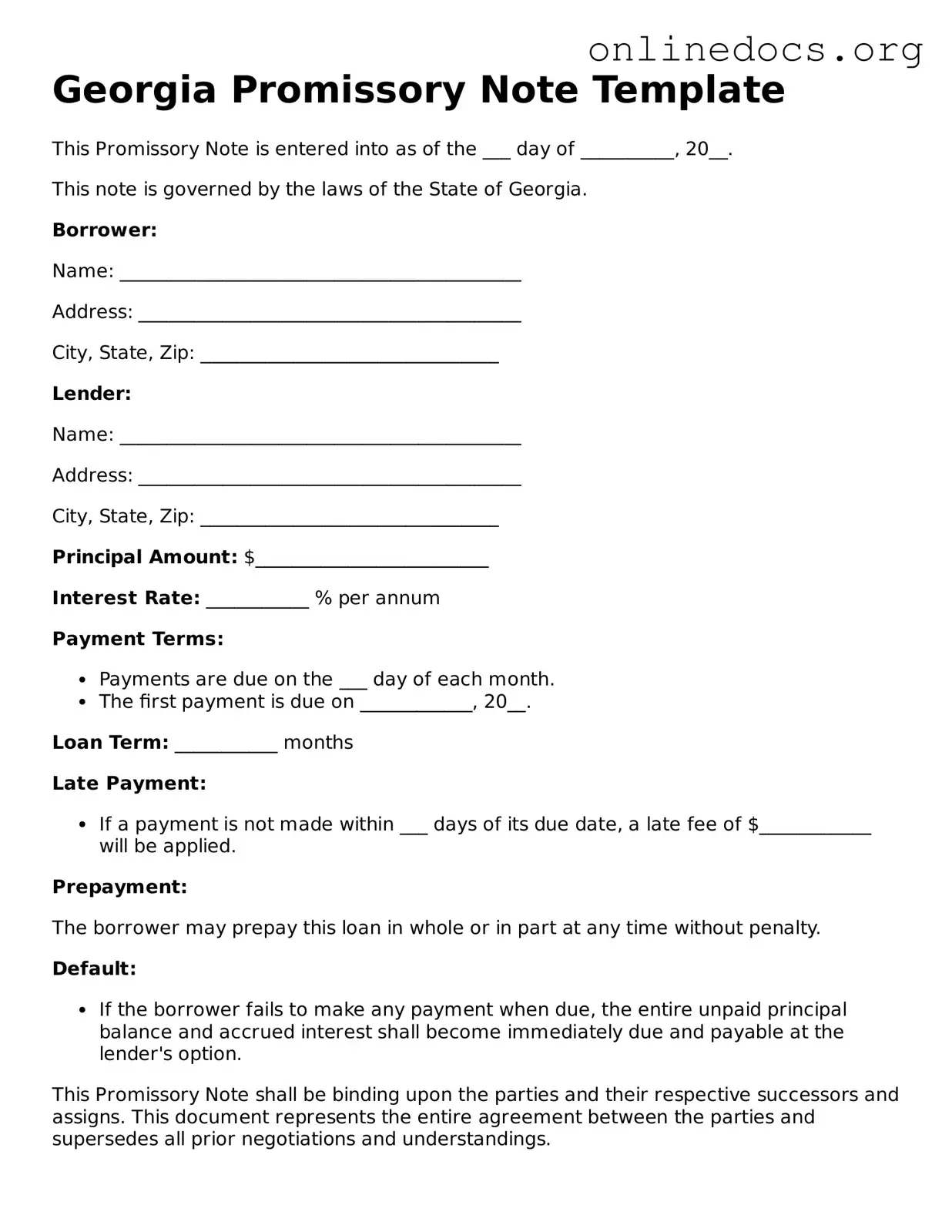 Fillable  Promissory Note Form for Georgia
