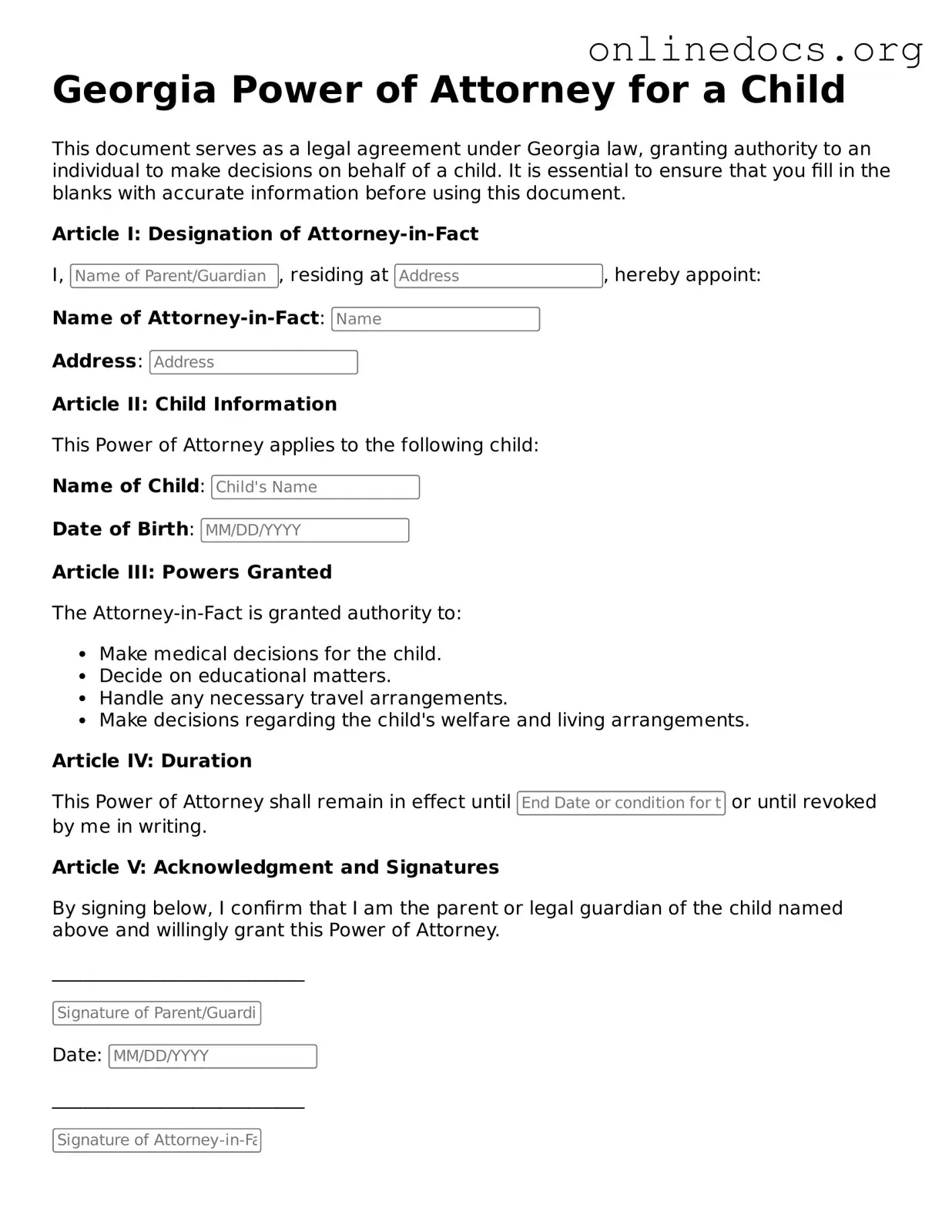 Fillable  Power of Attorney for a Child Form for Georgia