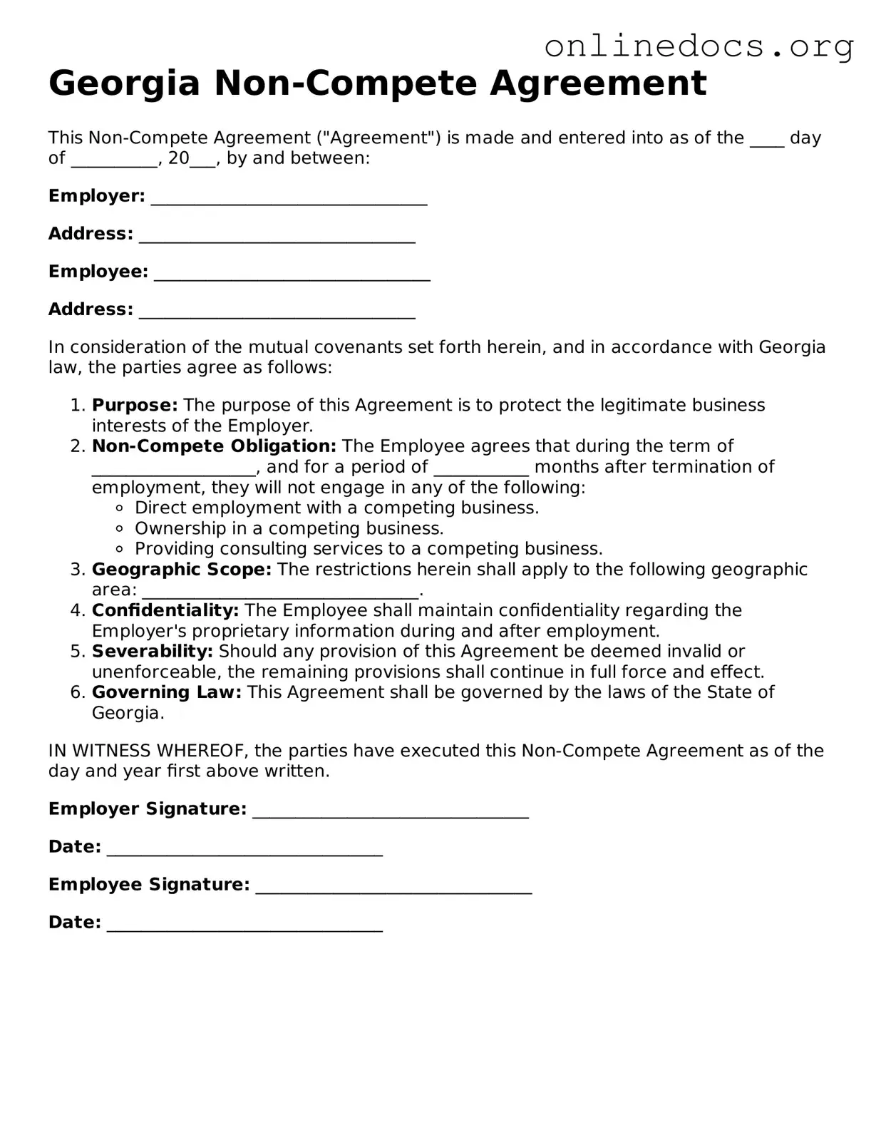 Fillable  Non-compete Agreement Form for Georgia