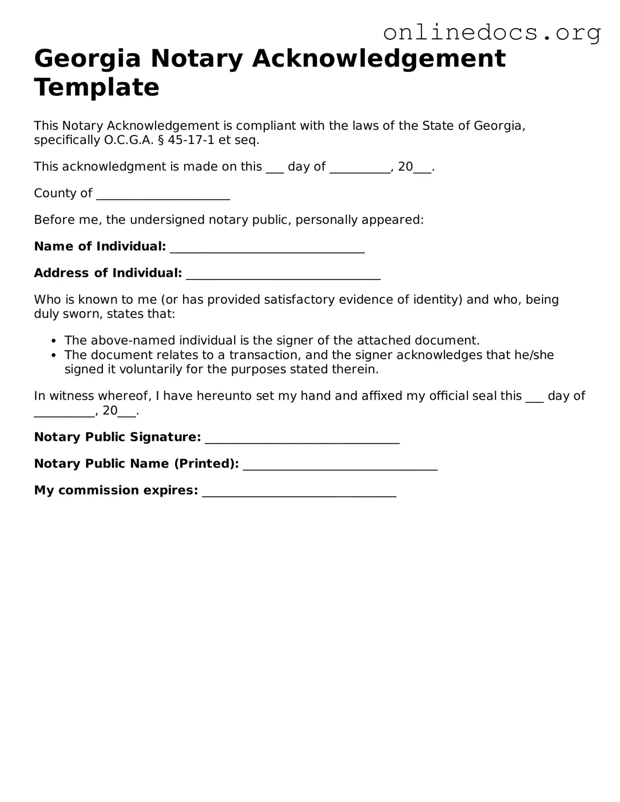 Fillable  Notary Acknowledgement Form for Georgia