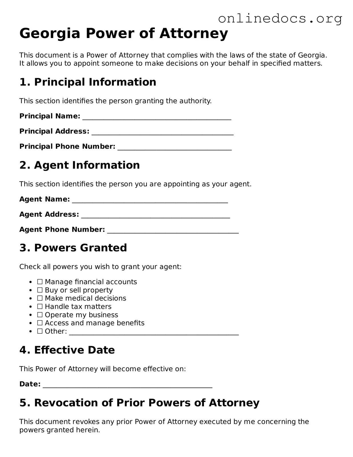 Fillable  Power of Attorney Form for Georgia