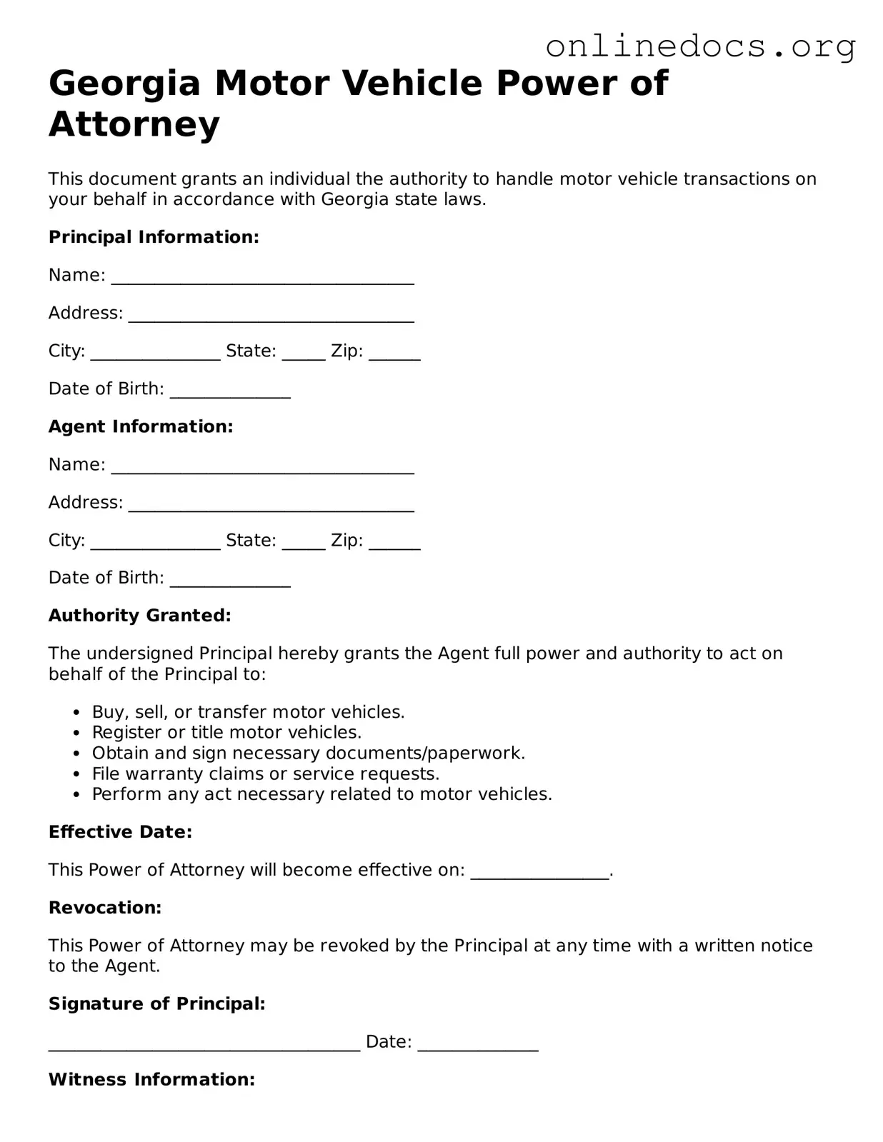 Fillable  Motor Vehicle Power of Attorney Form for Georgia
