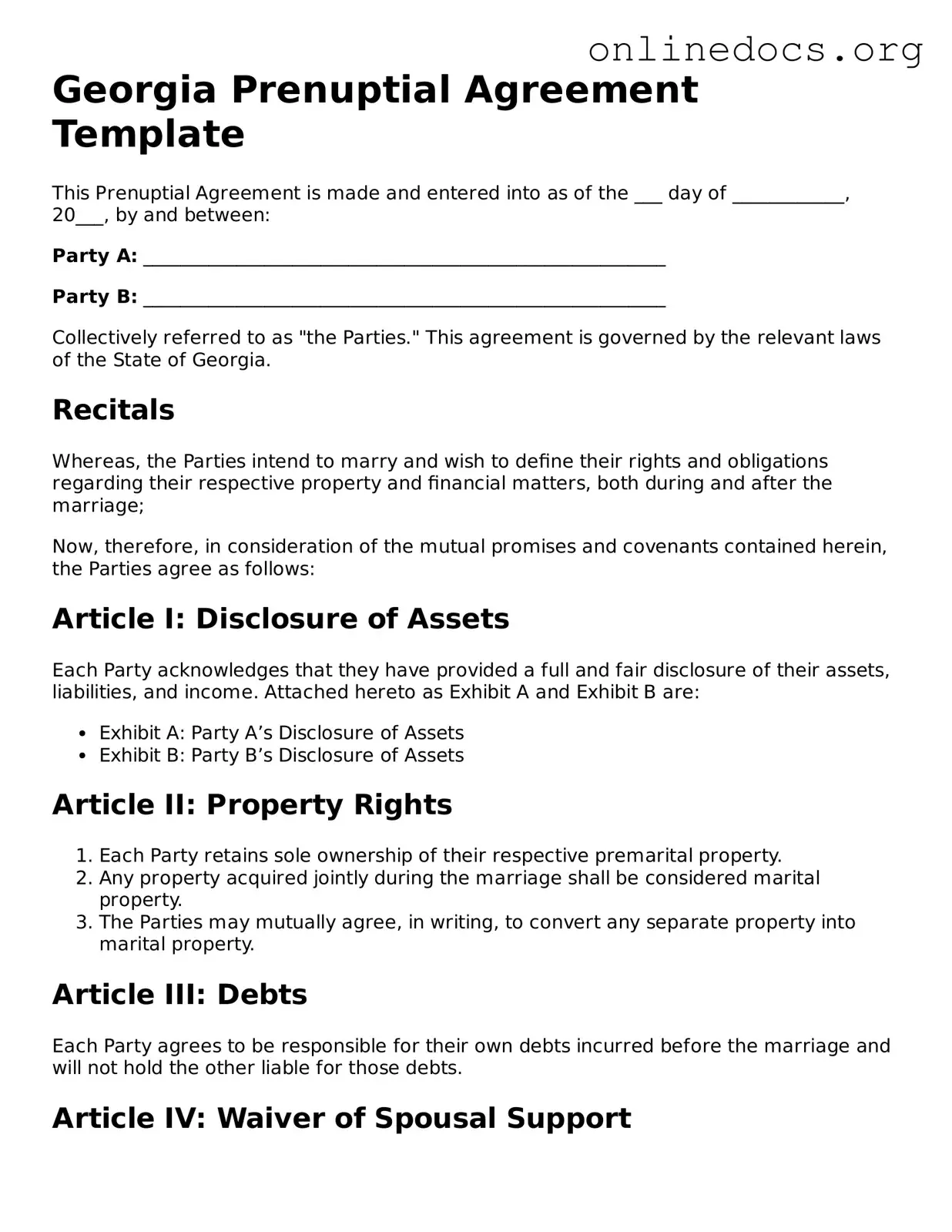 Fillable  Prenuptial Agreement Form for Georgia