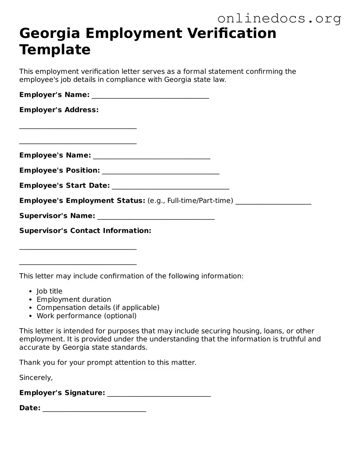 Fillable  Employment Verification Form for Georgia