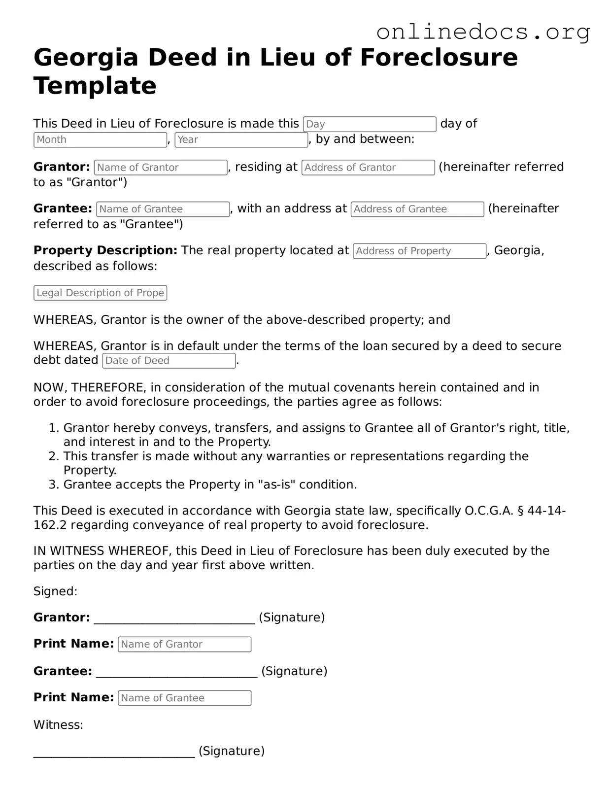 Fillable  Deed in Lieu of Foreclosure Form for Georgia
