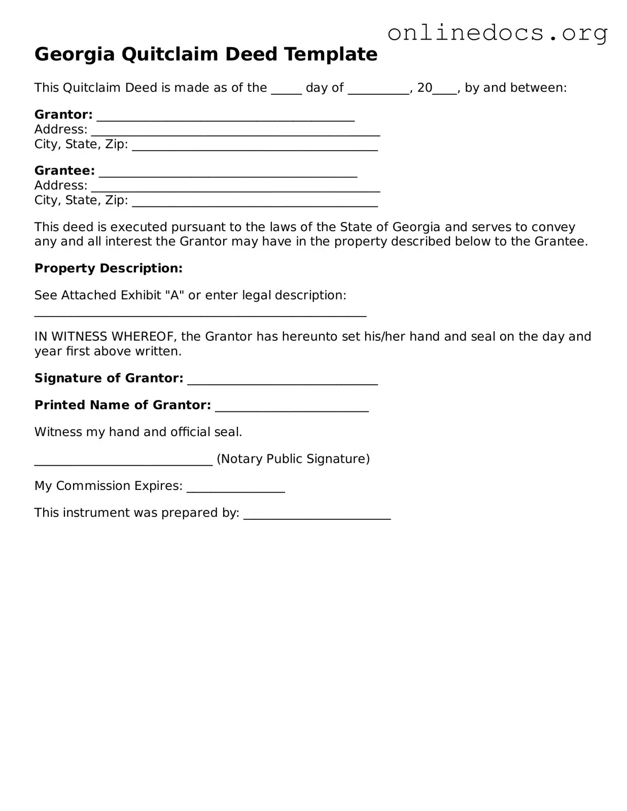 Fillable  Quitclaim Deed Form for Georgia