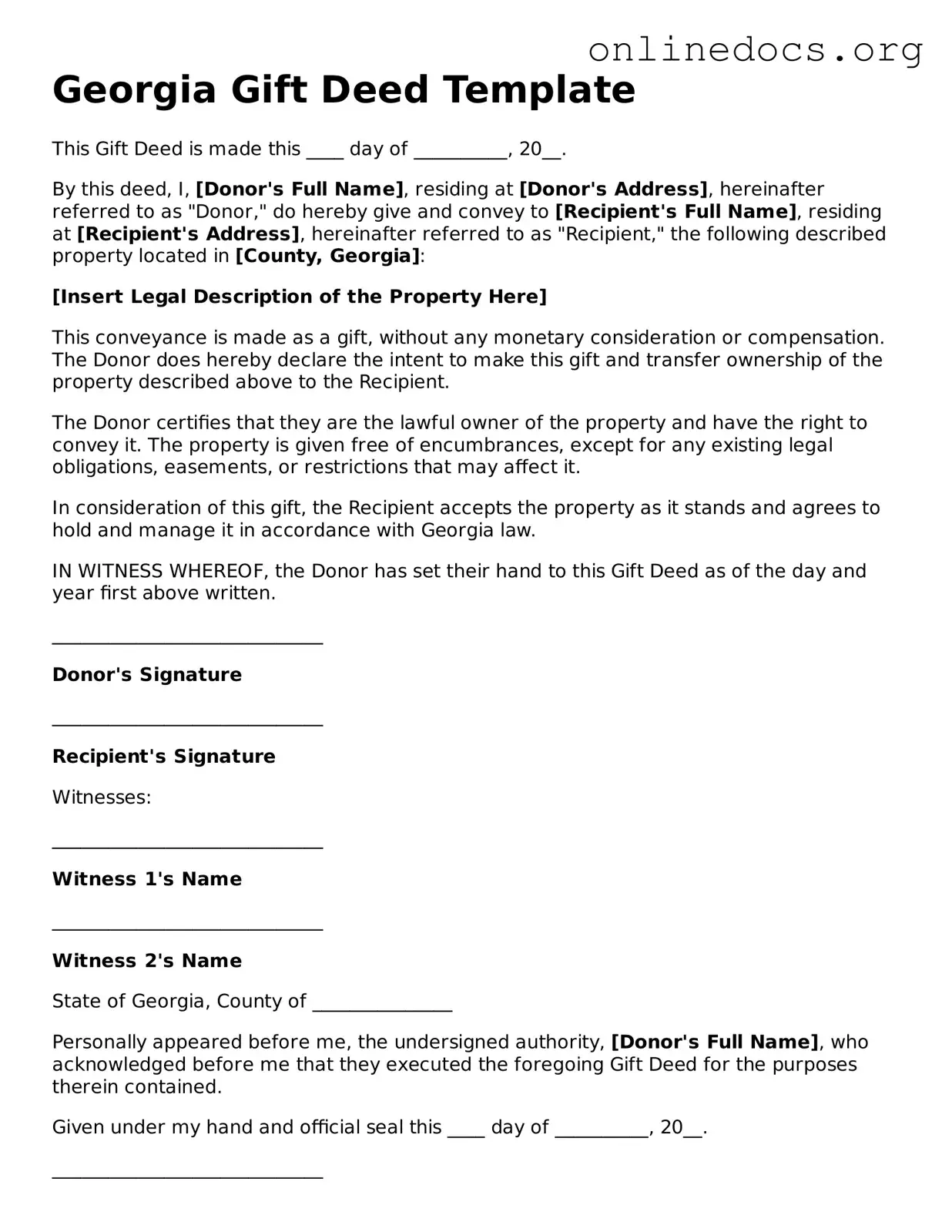 Fillable  Gift Deed Form for Georgia