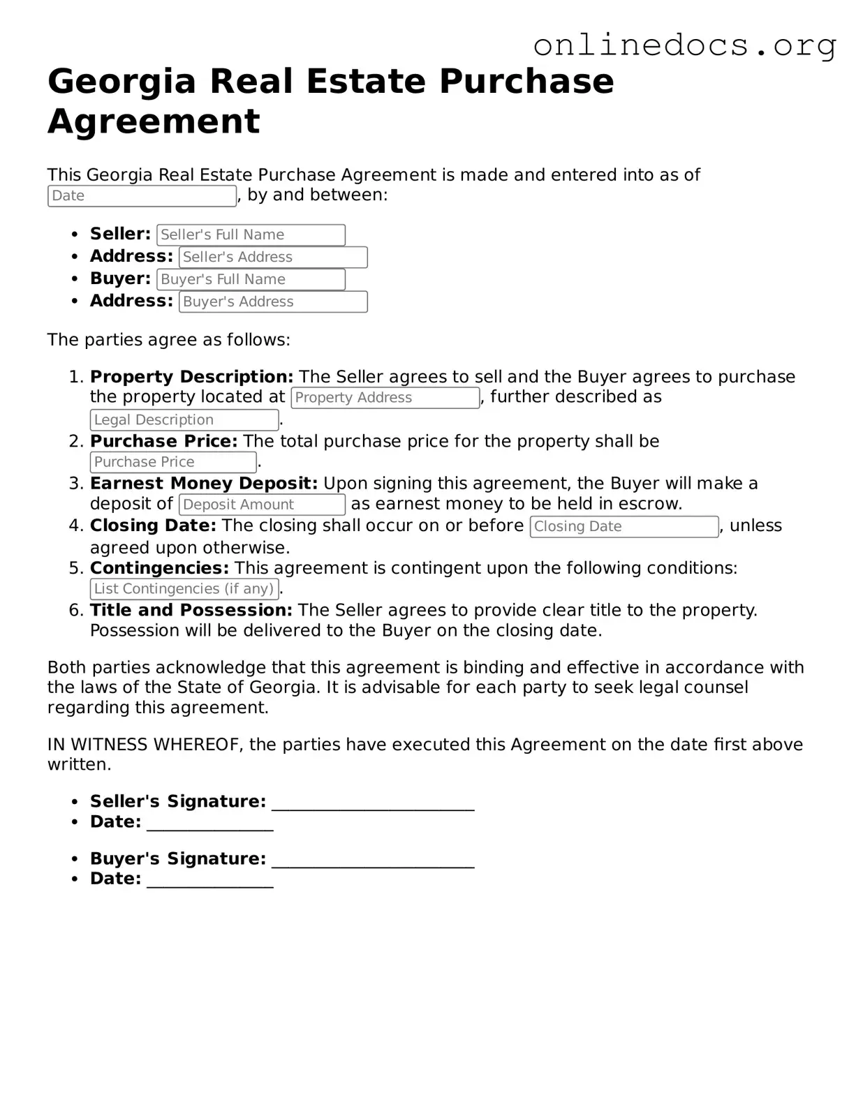 Fillable  Real Estate Purchase Agreement Form for Georgia