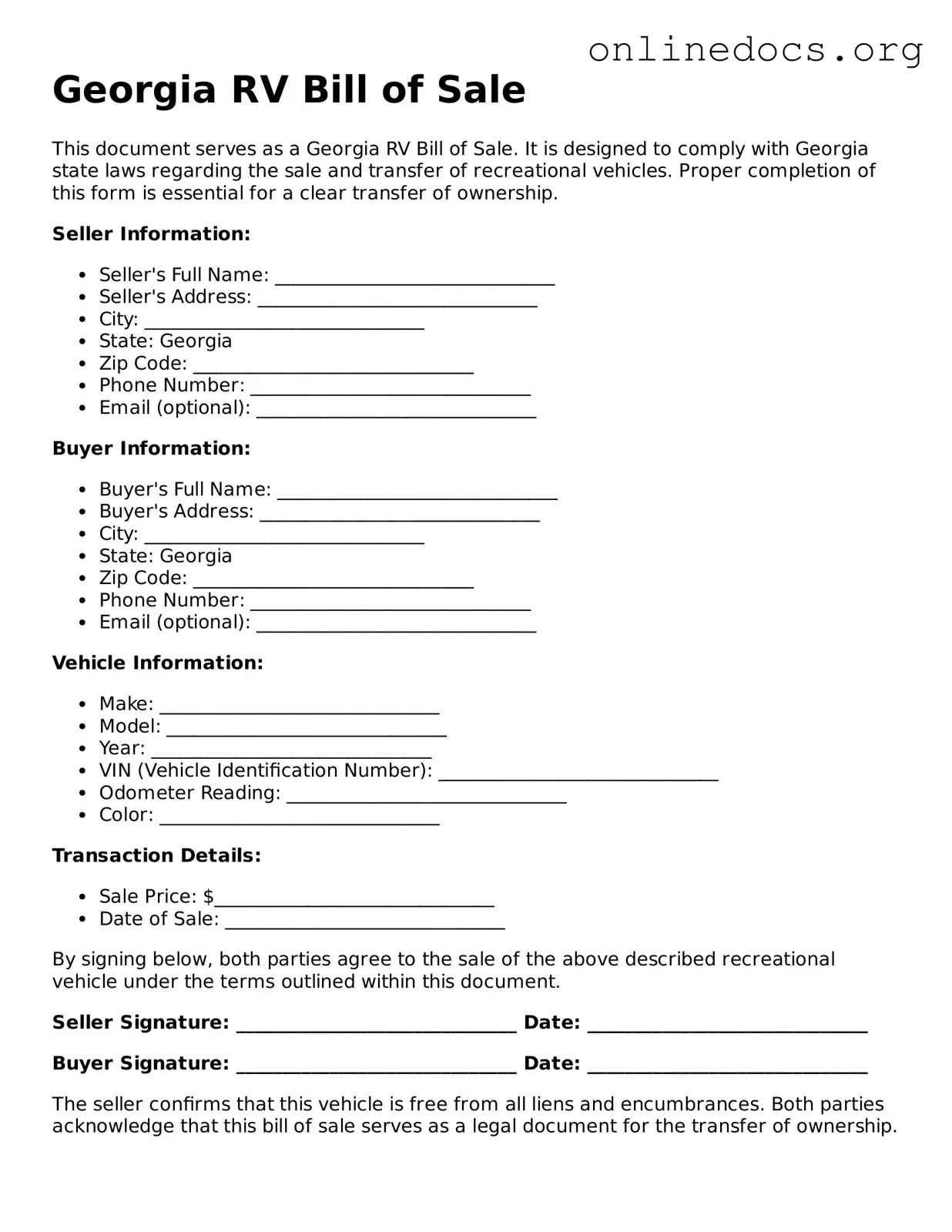 Fillable  RV Bill of Sale Form for Georgia