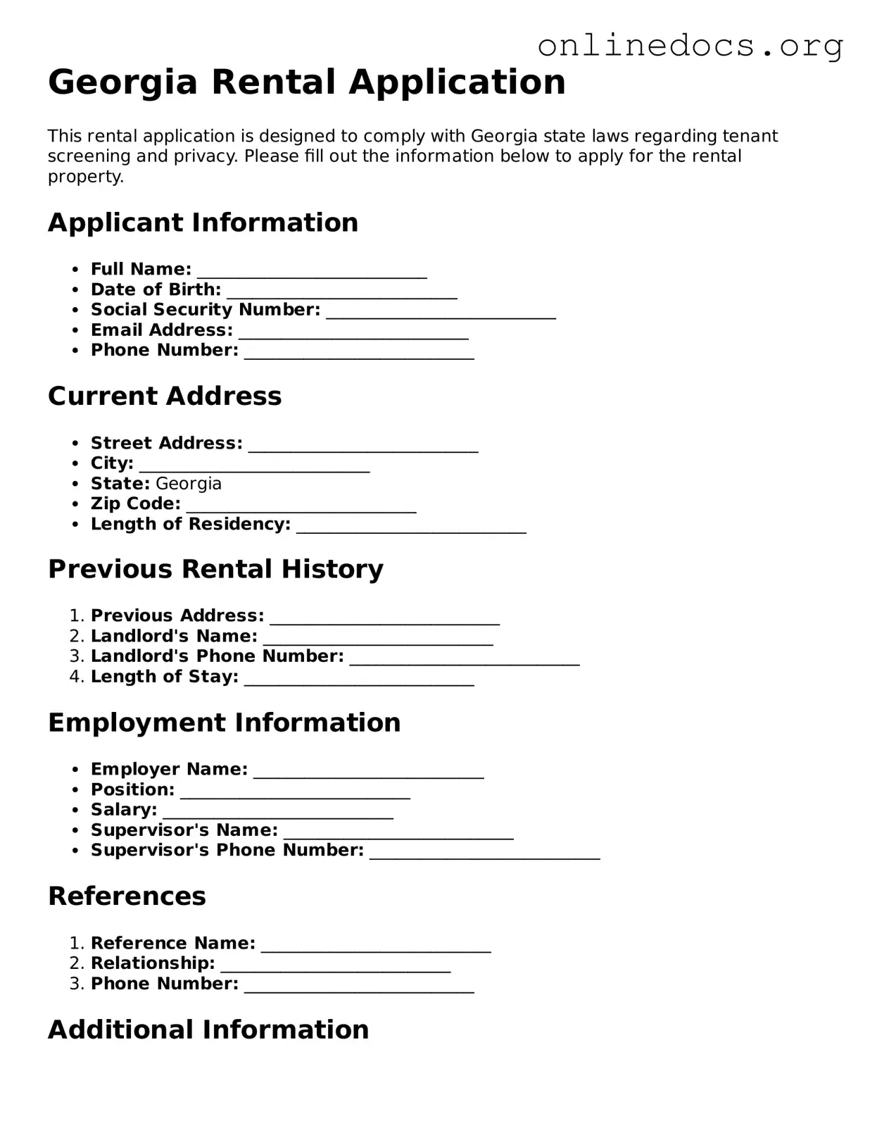 Fillable  Rental Application Form for Georgia