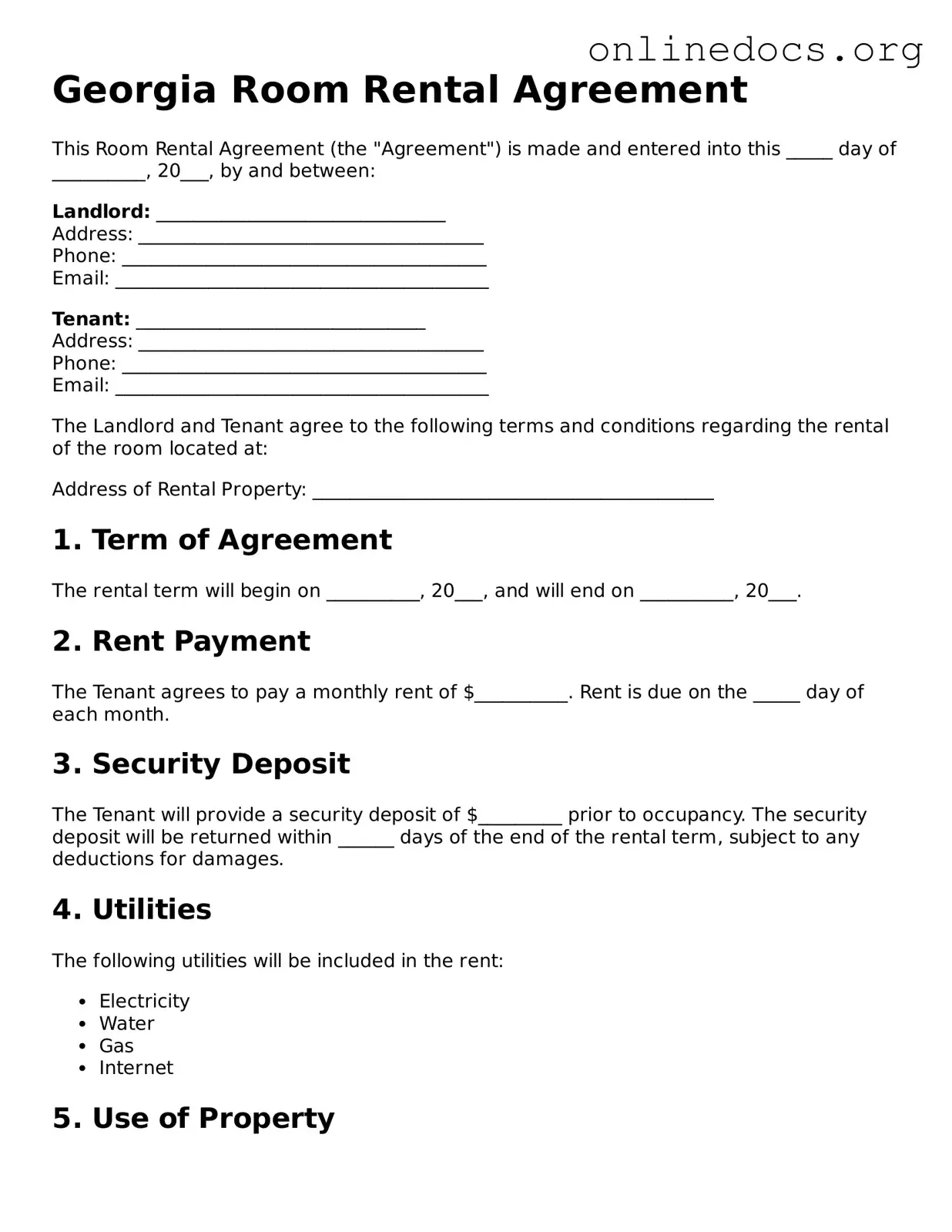 Fillable  Room Rental Agreement Form for Georgia
