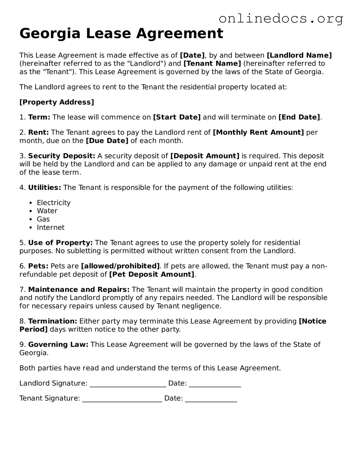Fillable  Lease Agreement Form for Georgia
