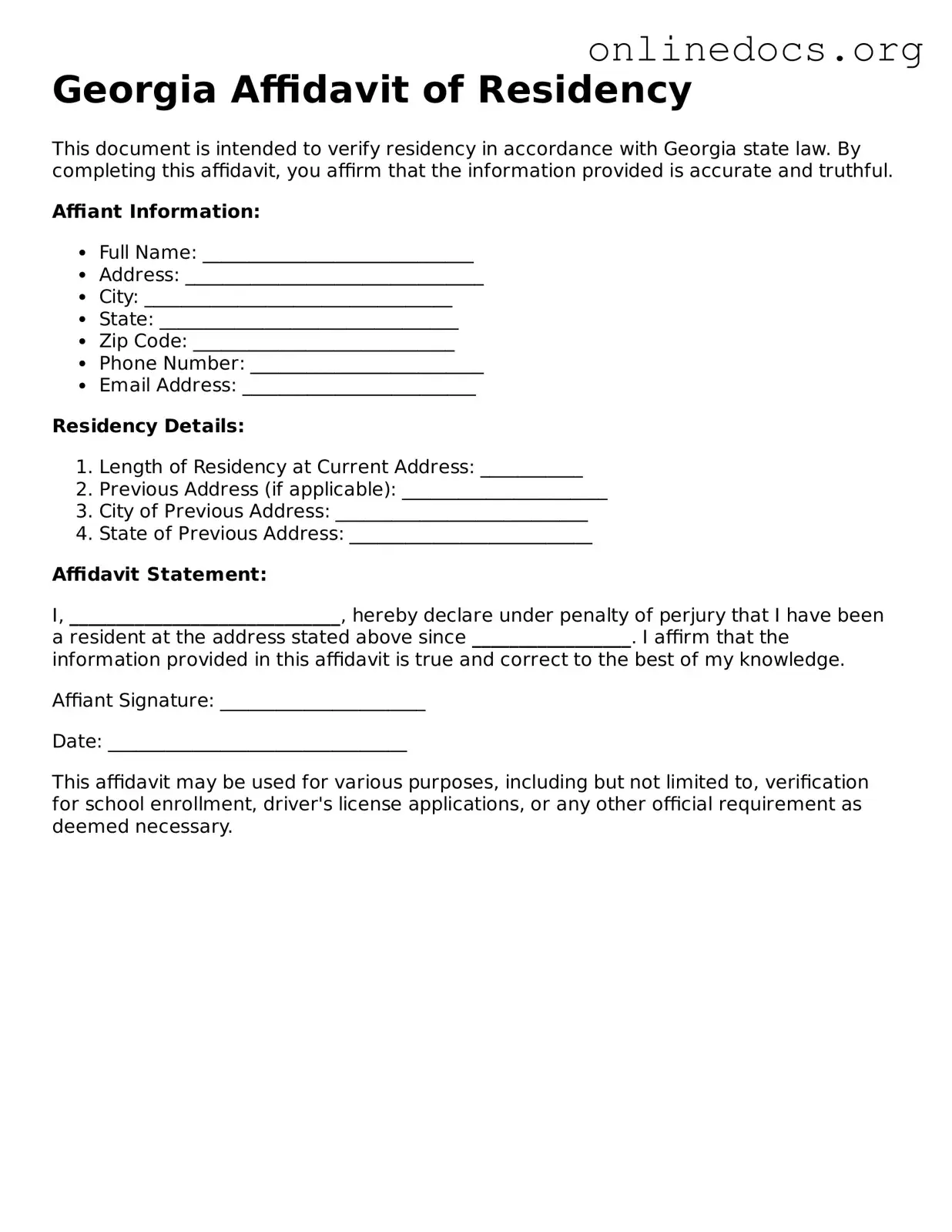 Fillable  Affidavit of Residency Form for Georgia