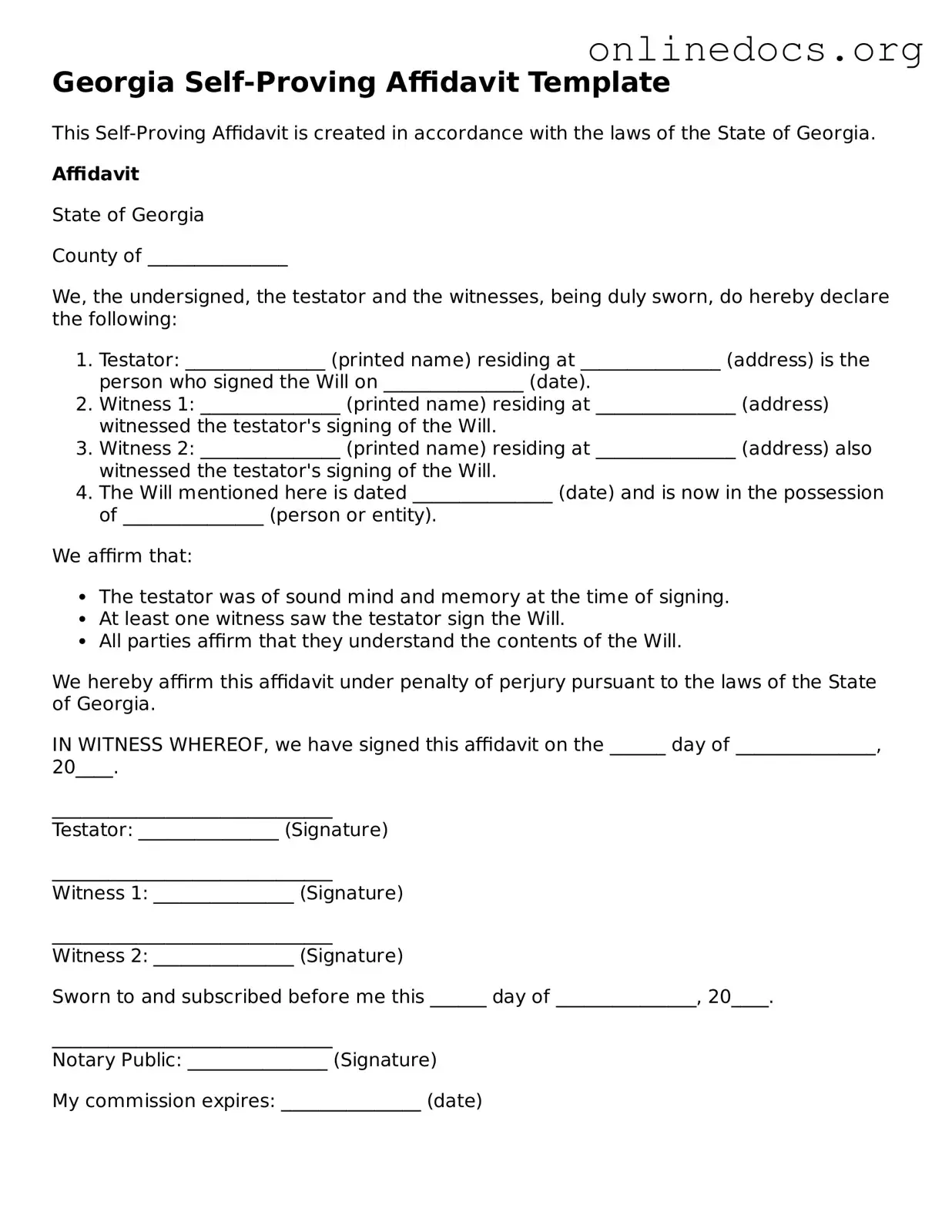 Fillable  Self-Proving Affidavit Form for Georgia