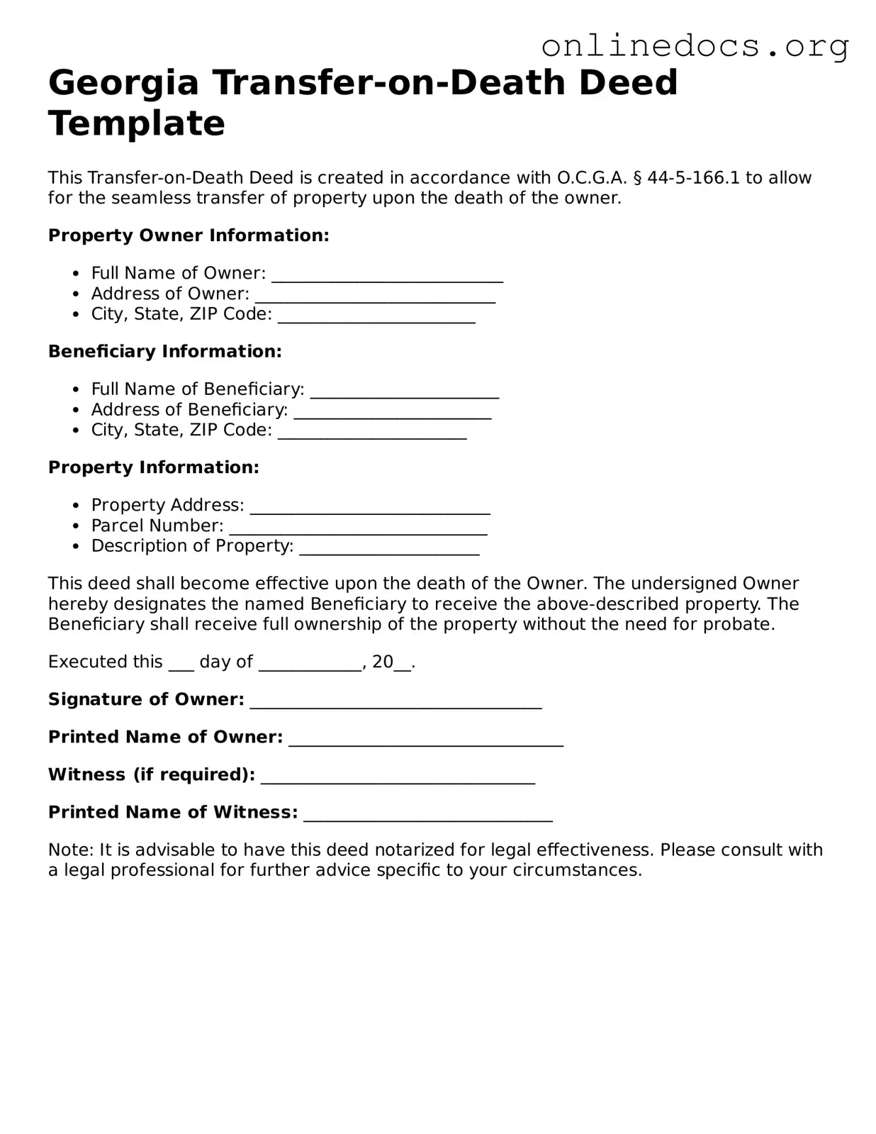 Fillable  Transfer-on-Death Deed Form for Georgia
