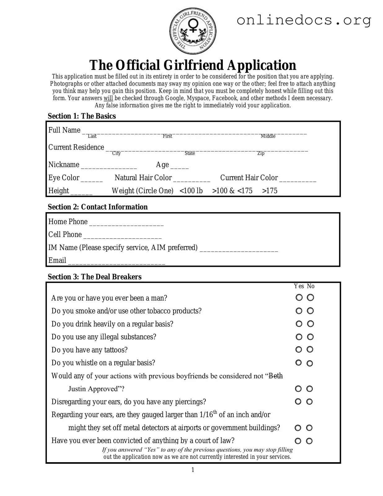 Girlfriend Application PDF Form