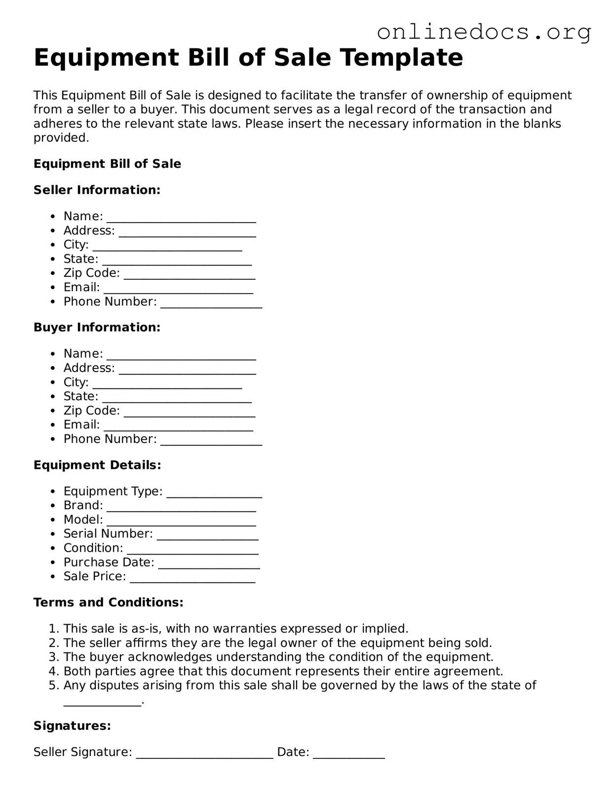 Printable Equipment Bill of Sale Form