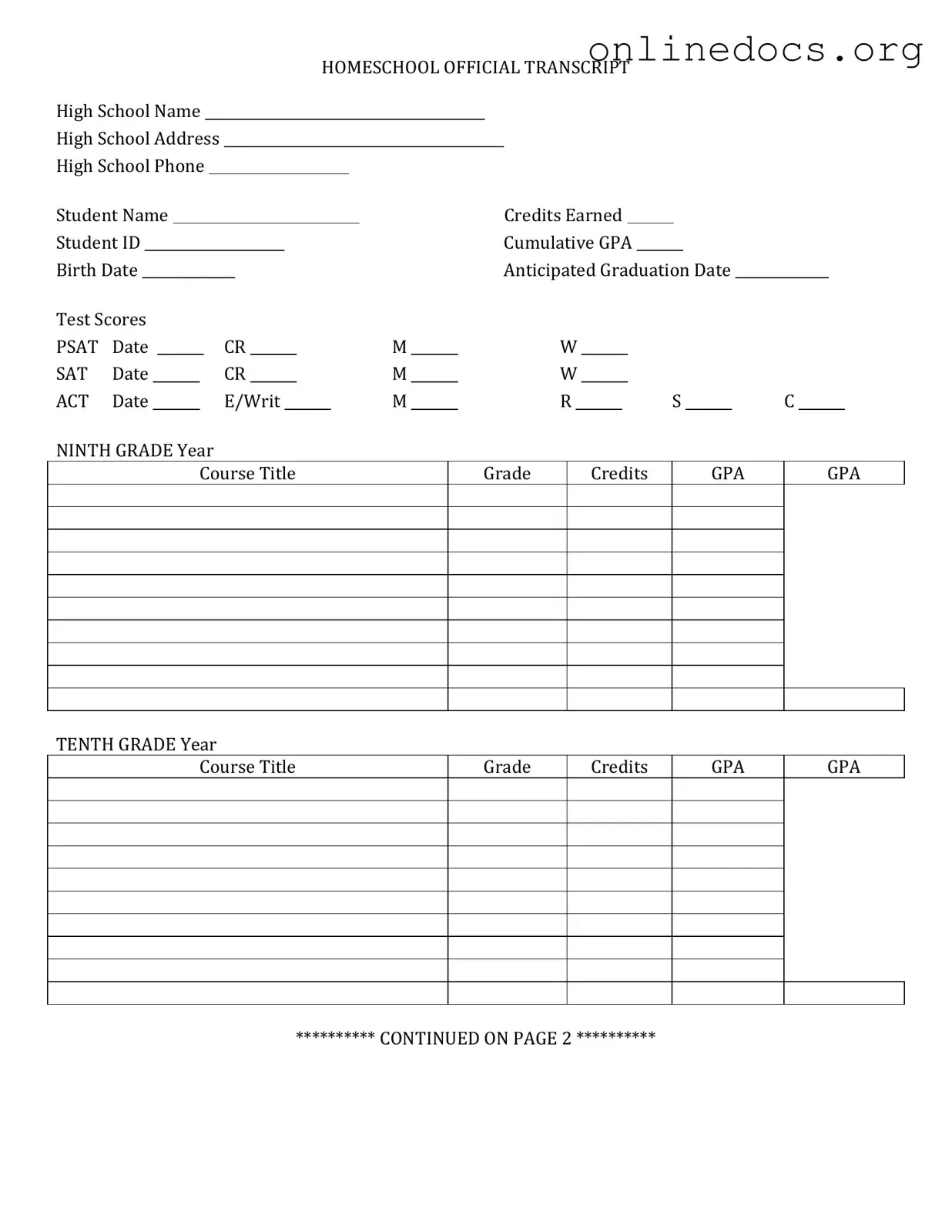 High School Transcript PDF Form