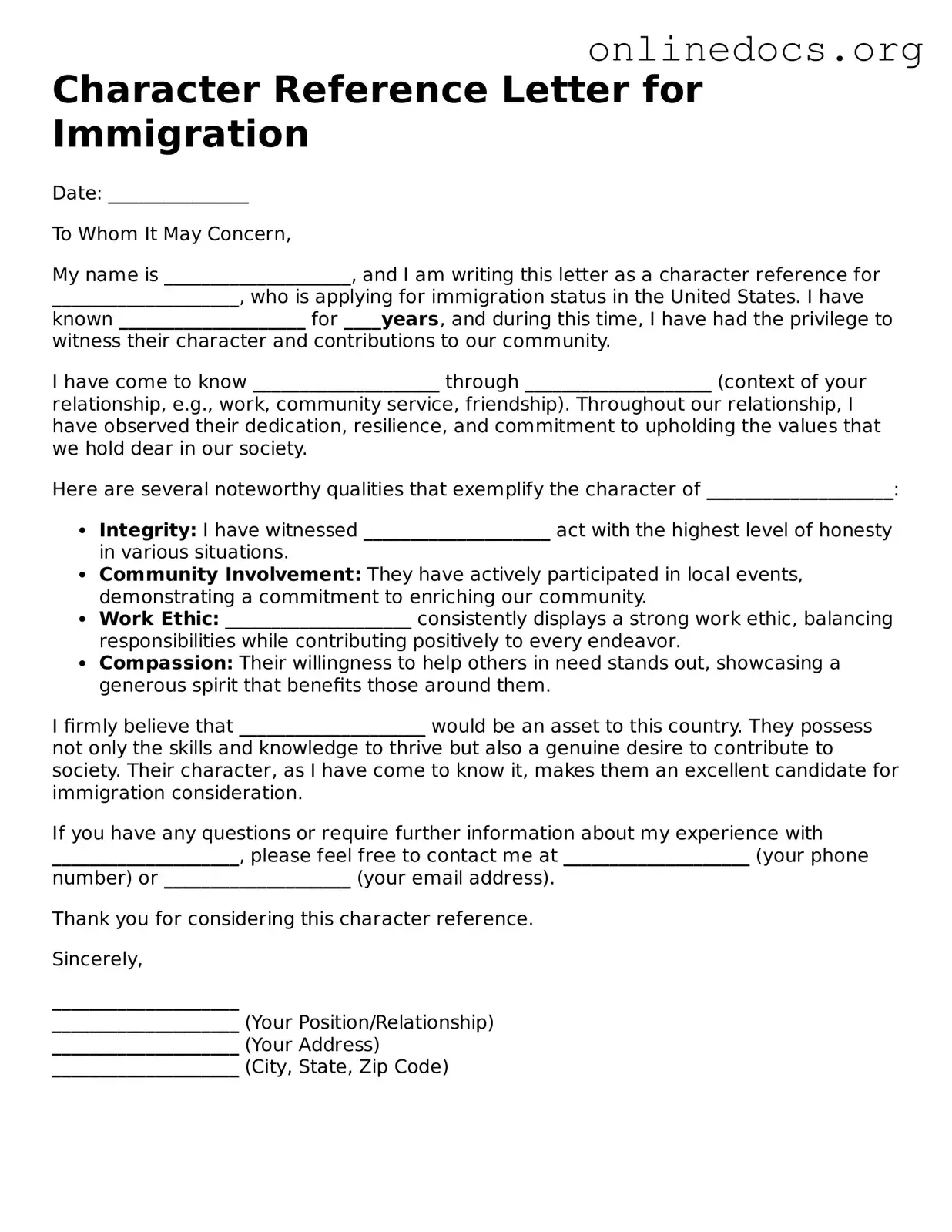 Printable Character Reference Letter for Immigration Form