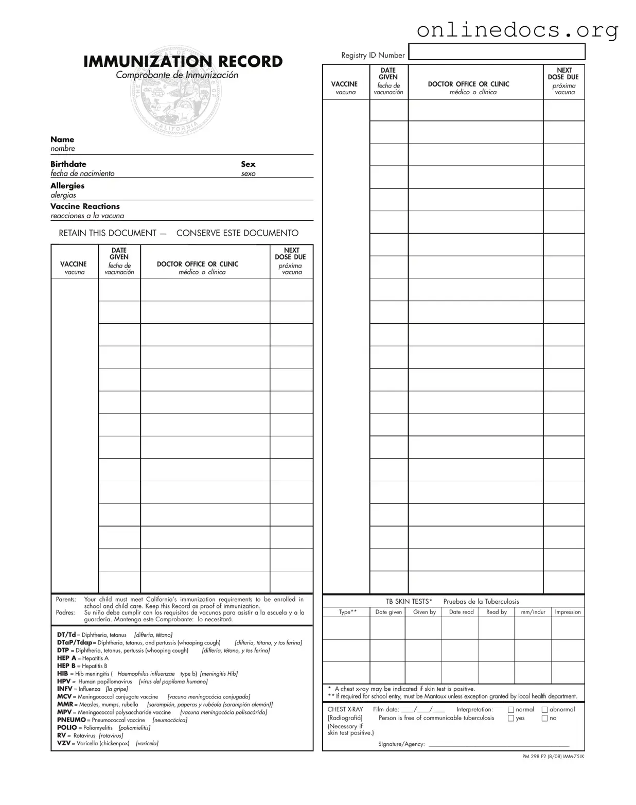 Immunization Record PDF Form