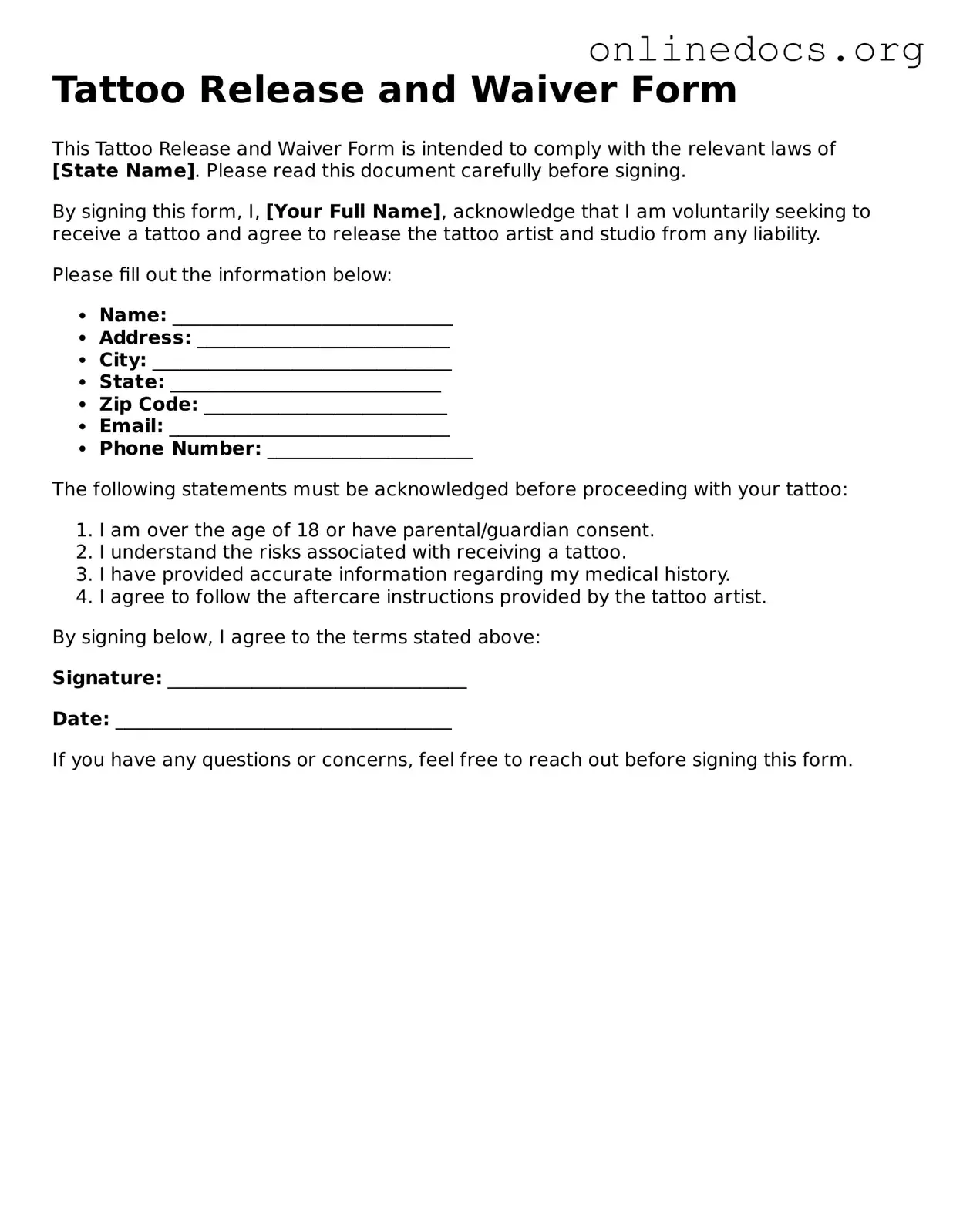 Printable Tattoo Release Form