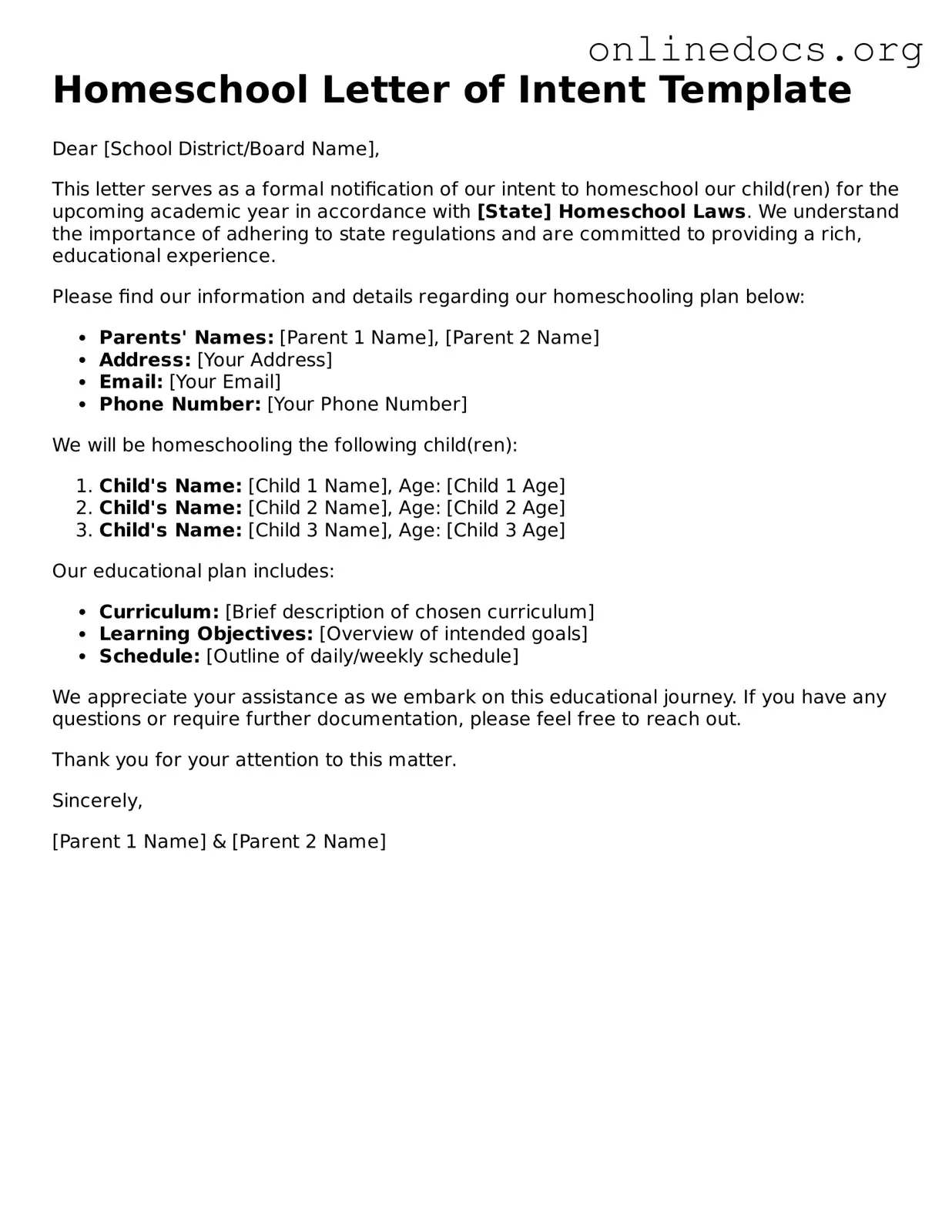 Printable Homeschool Letter of Intent Form