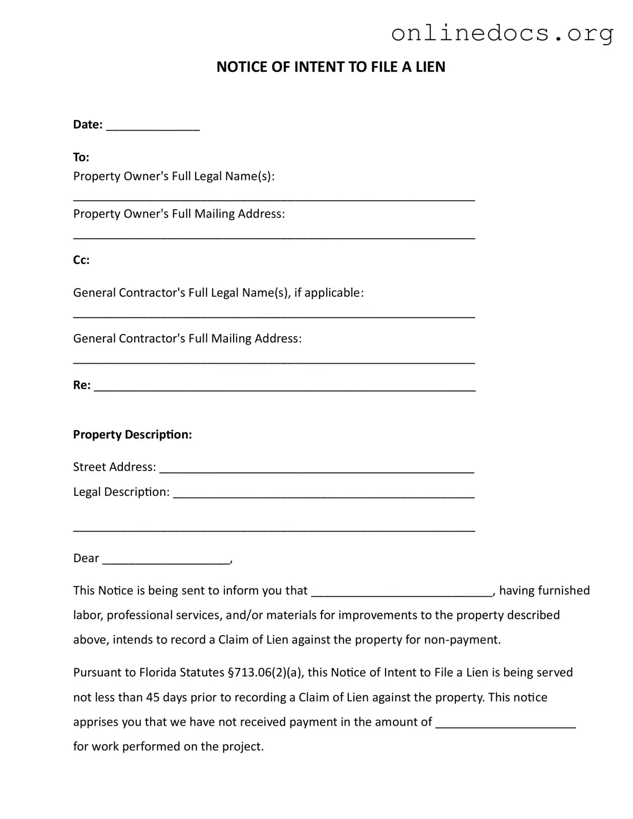 Intent To Lien Florida PDF Form