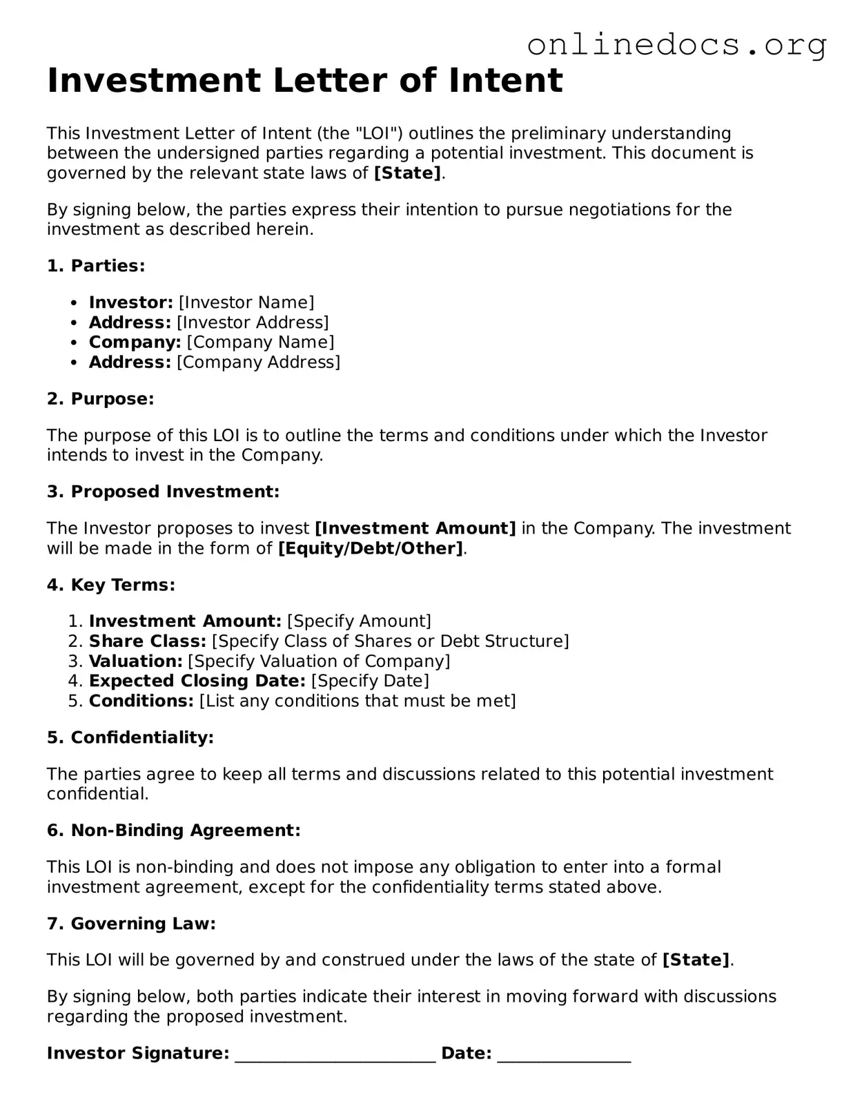 Printable Investment Letter of Intent Form