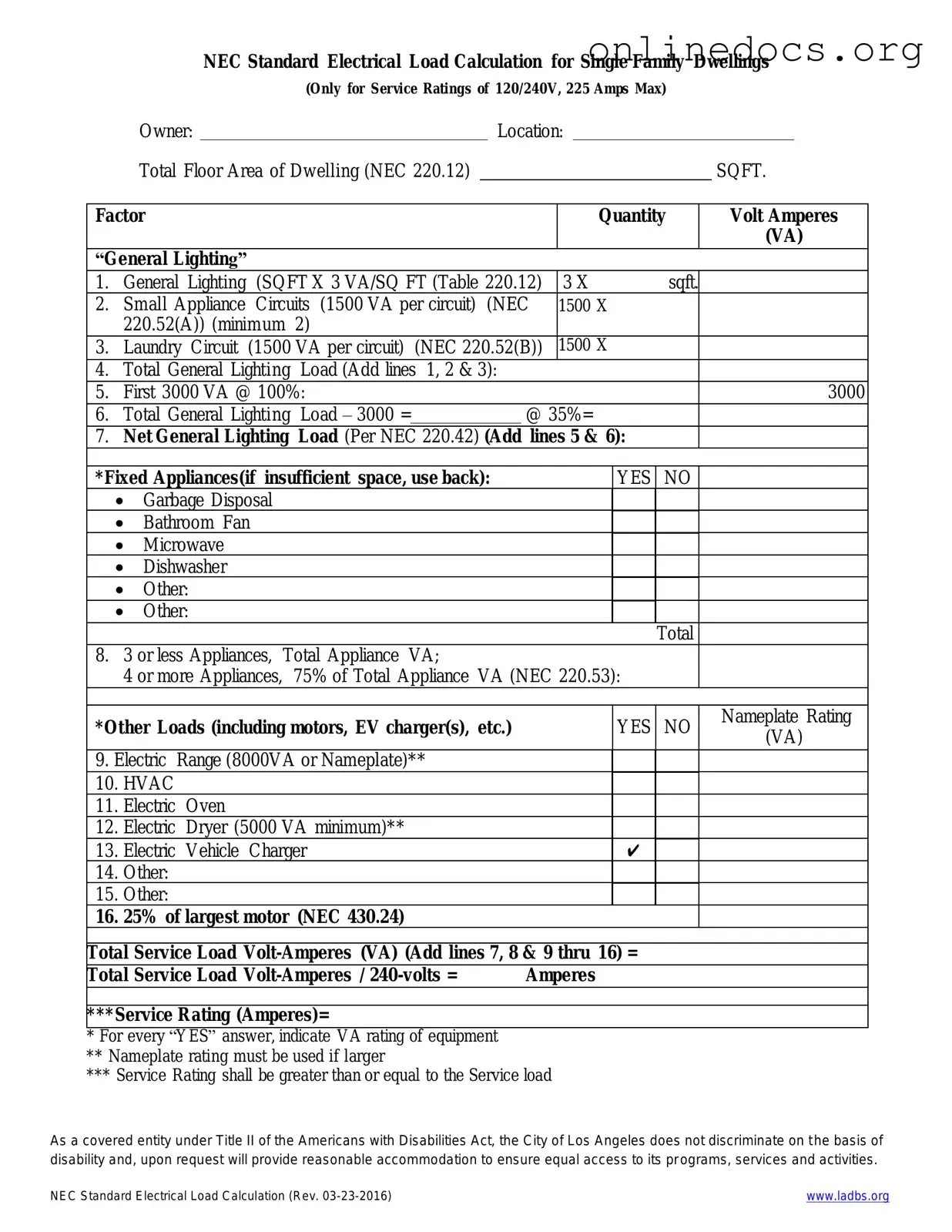LADBS NEC Standard Electrical Load Calculation PDF Form