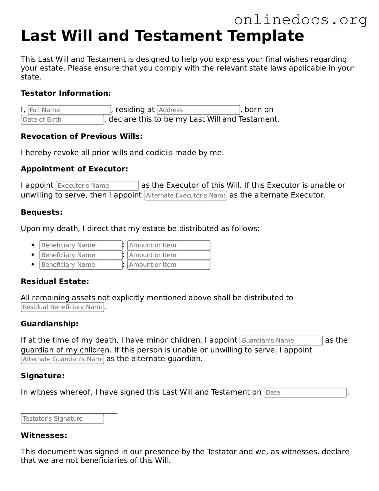 Printable Last Will and Testament Form