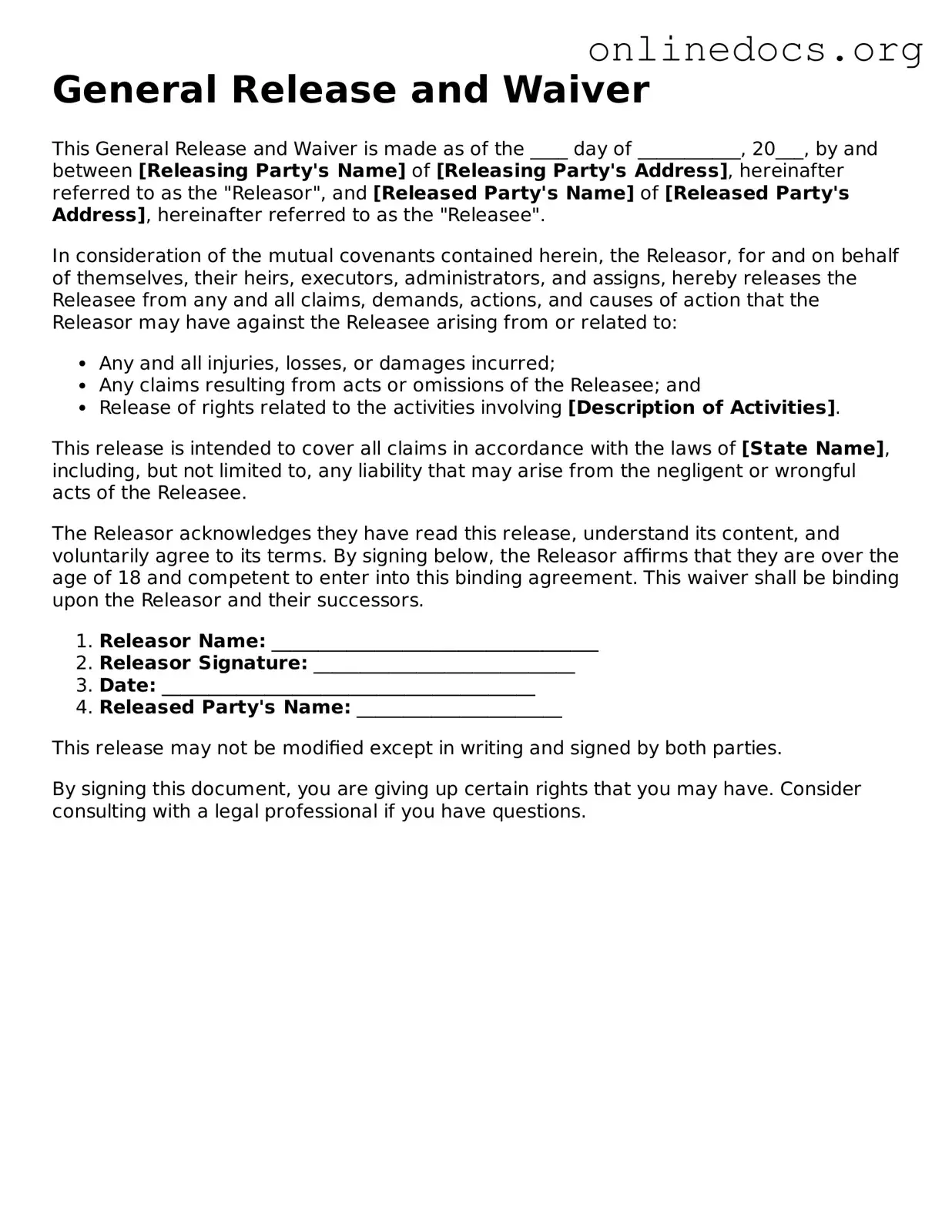 Printable General Release and Waiver Form
