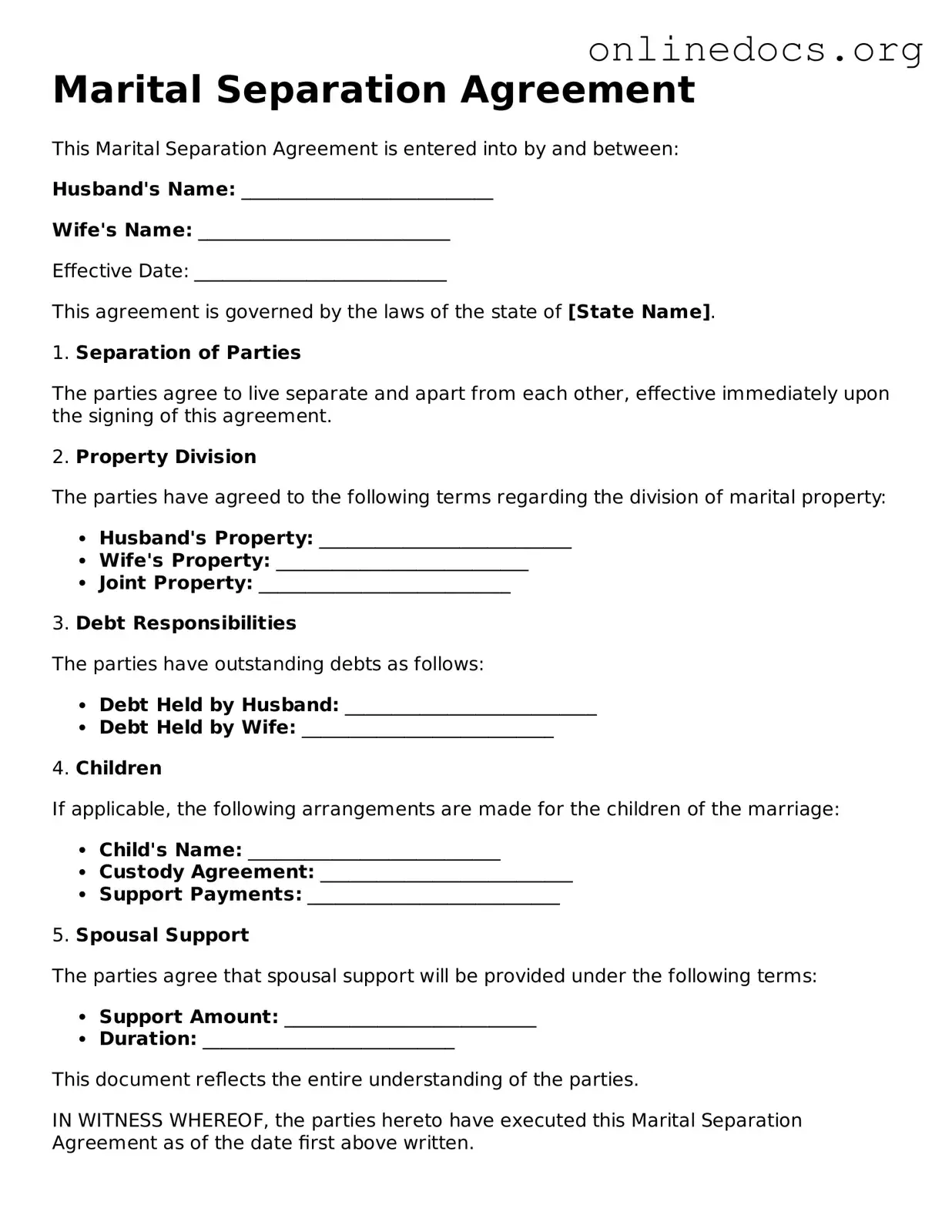 Printable Marital Separation Agreement Form