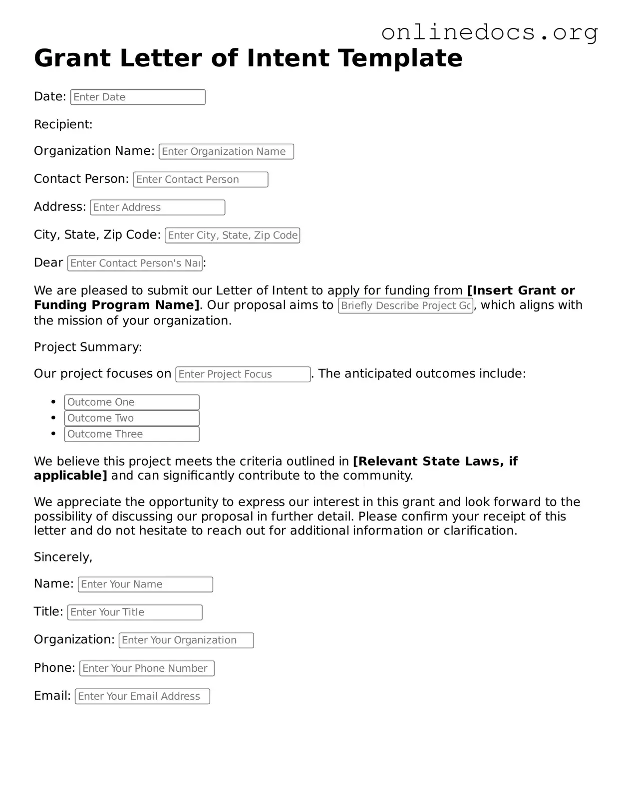 Printable Grant Letter of Intent Form