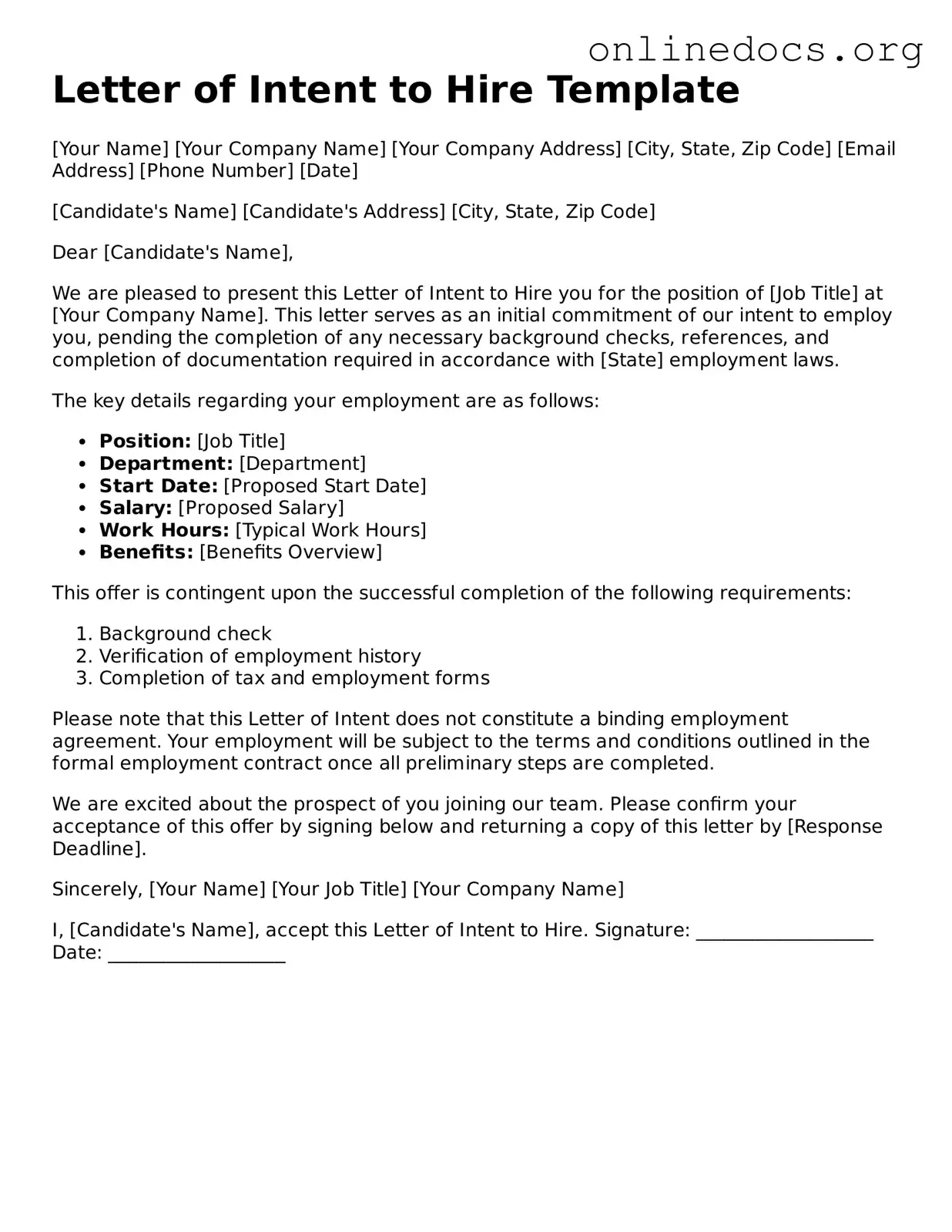 Printable Letter of Intent to Hire Form