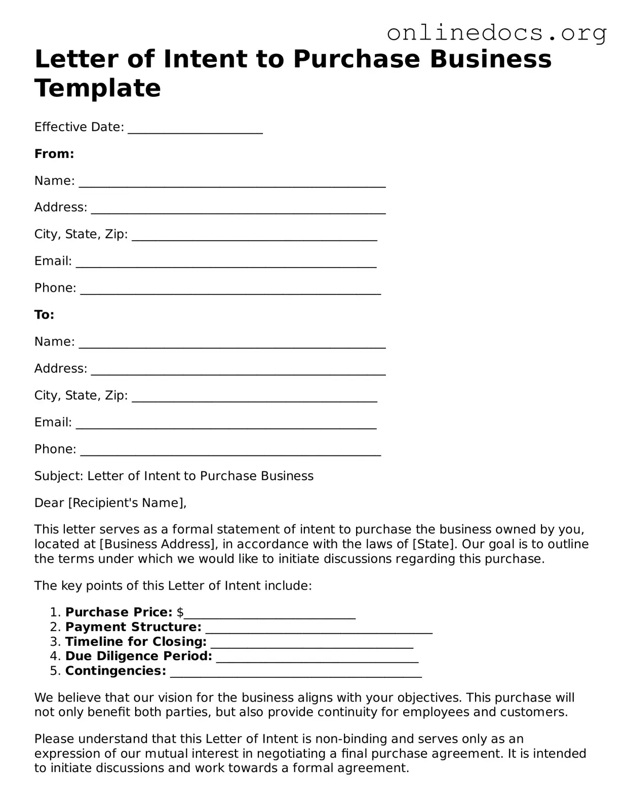 Printable Letter of Intent to Purchase Business Form