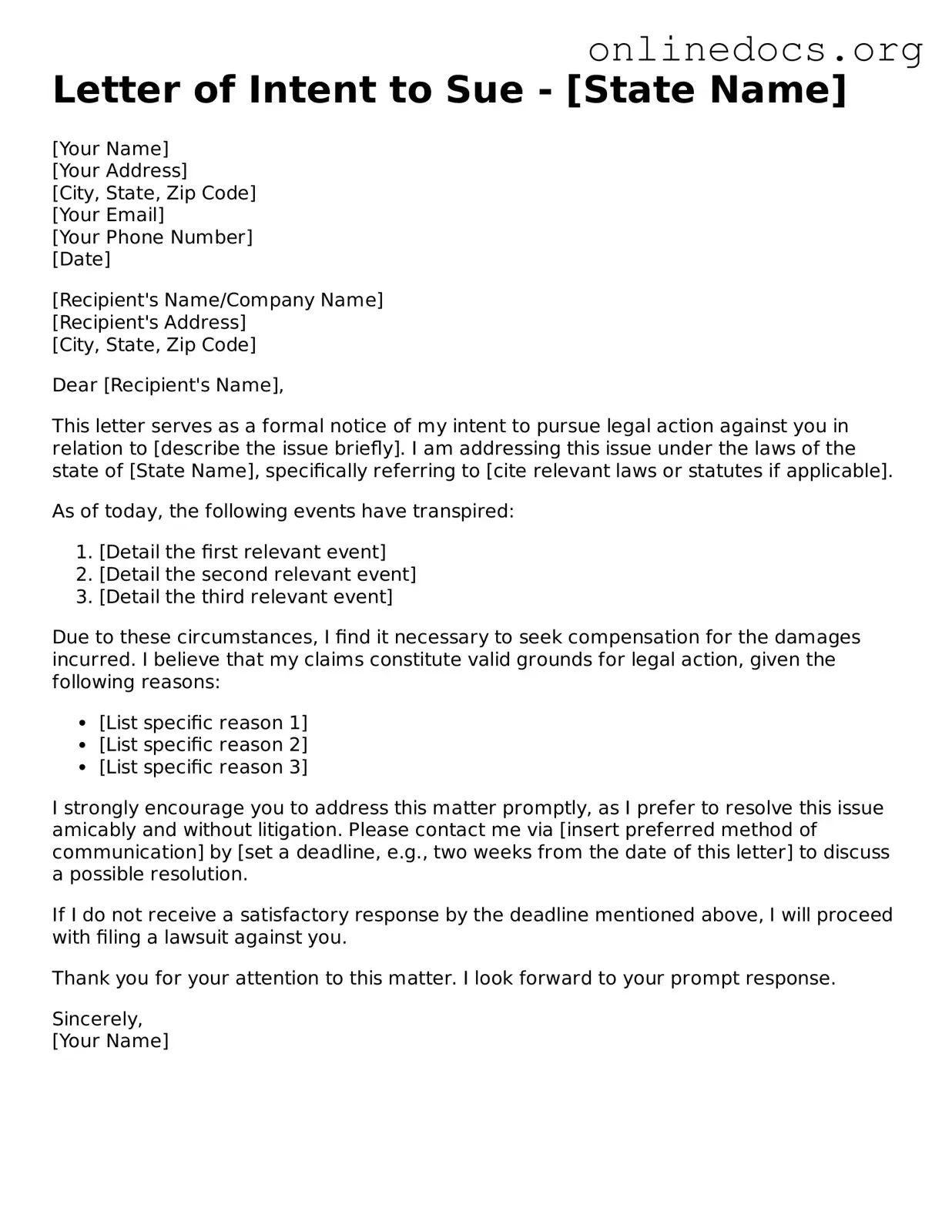 Printable Letter of Intent to Sue Form