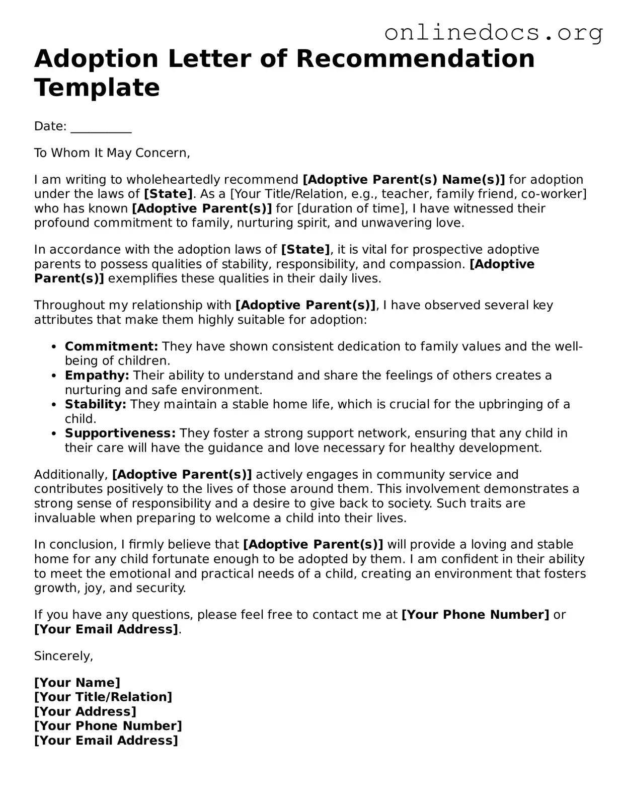 Printable Adoption Letter of Recommendation Form