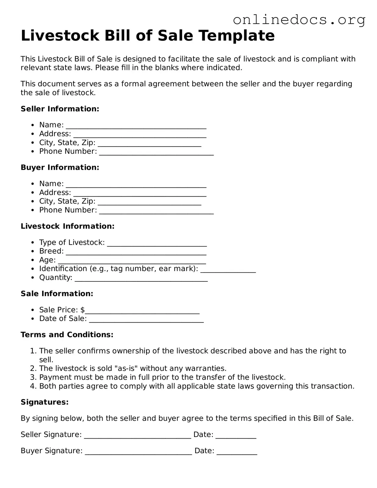 Printable Livestock Bill of Sale Form
