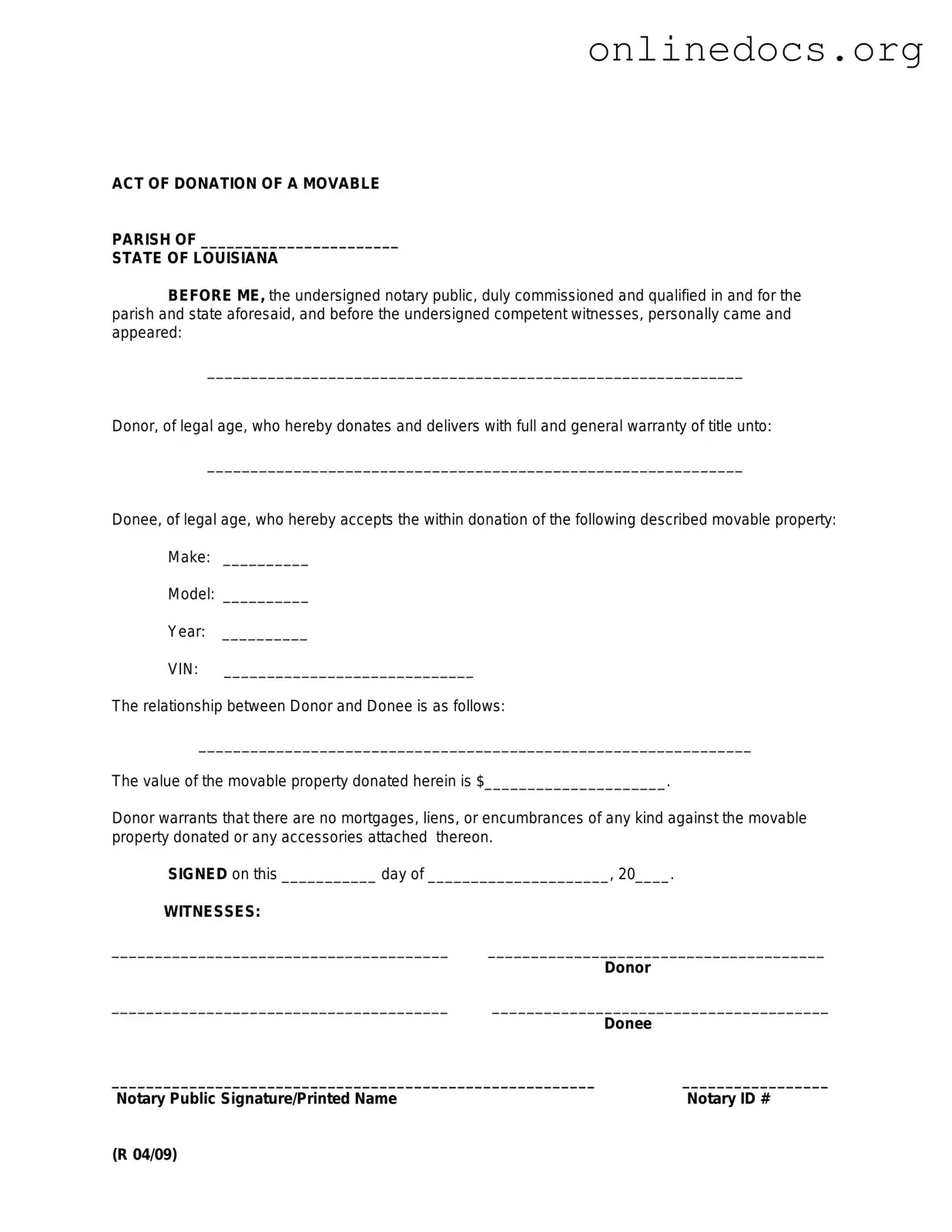 Louisiana act of donation PDF Form