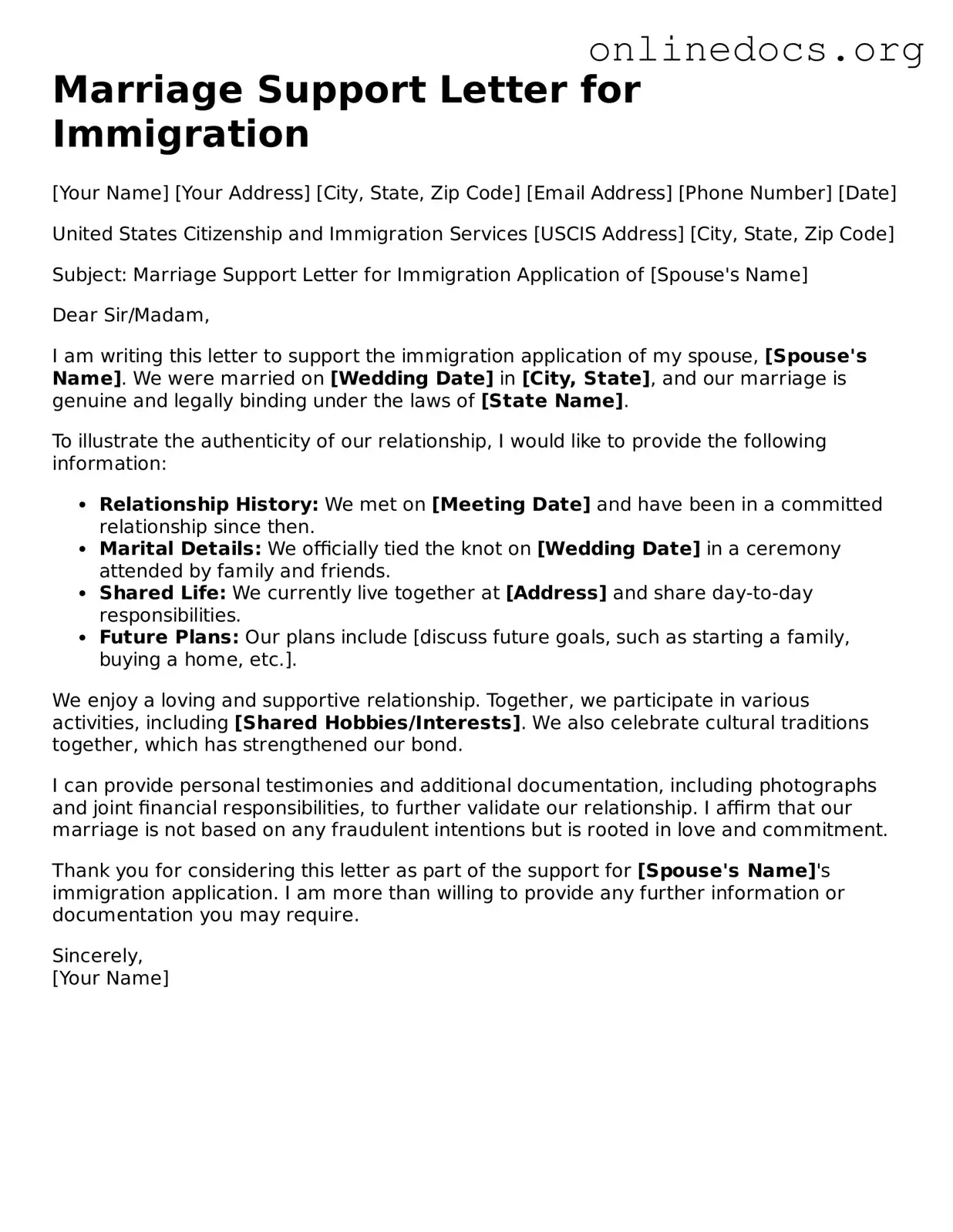 Printable Marriage Support Letter for Immigration Form
