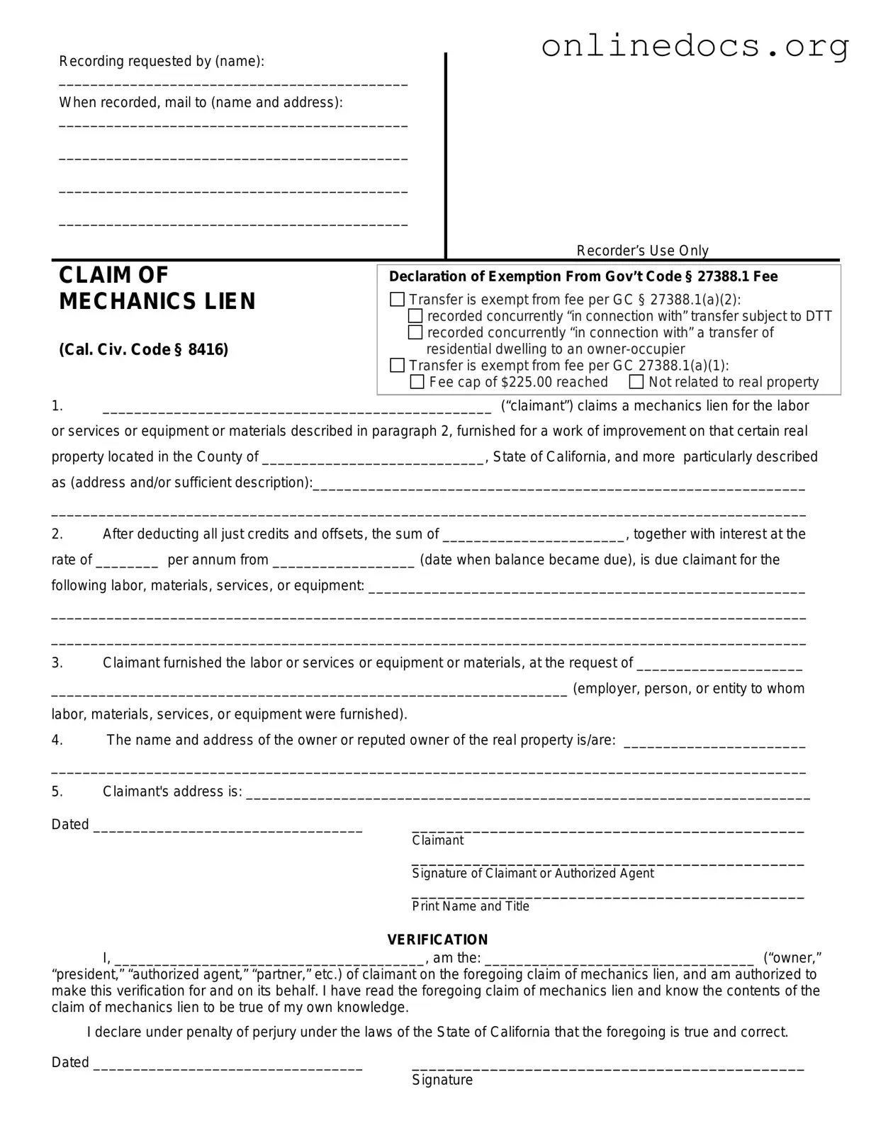 Mechanics Lien California PDF Form