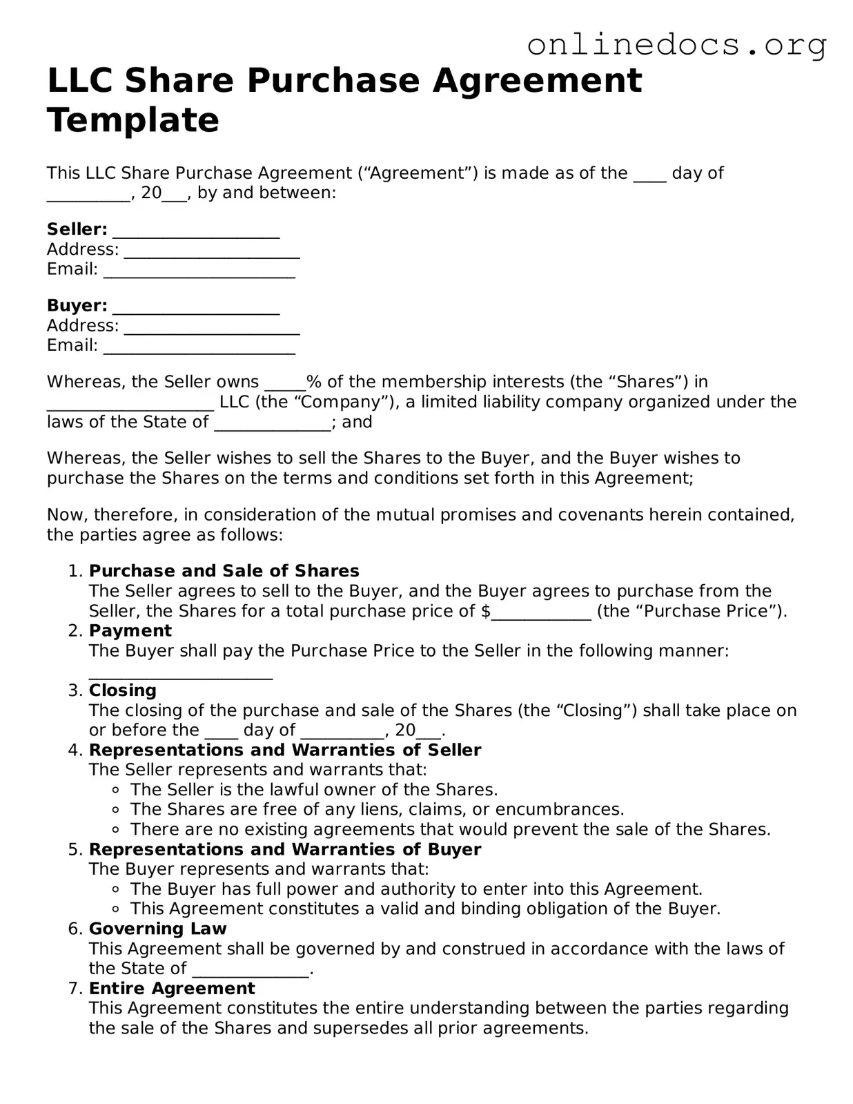 Printable LLC Share Purchase Agreement Form