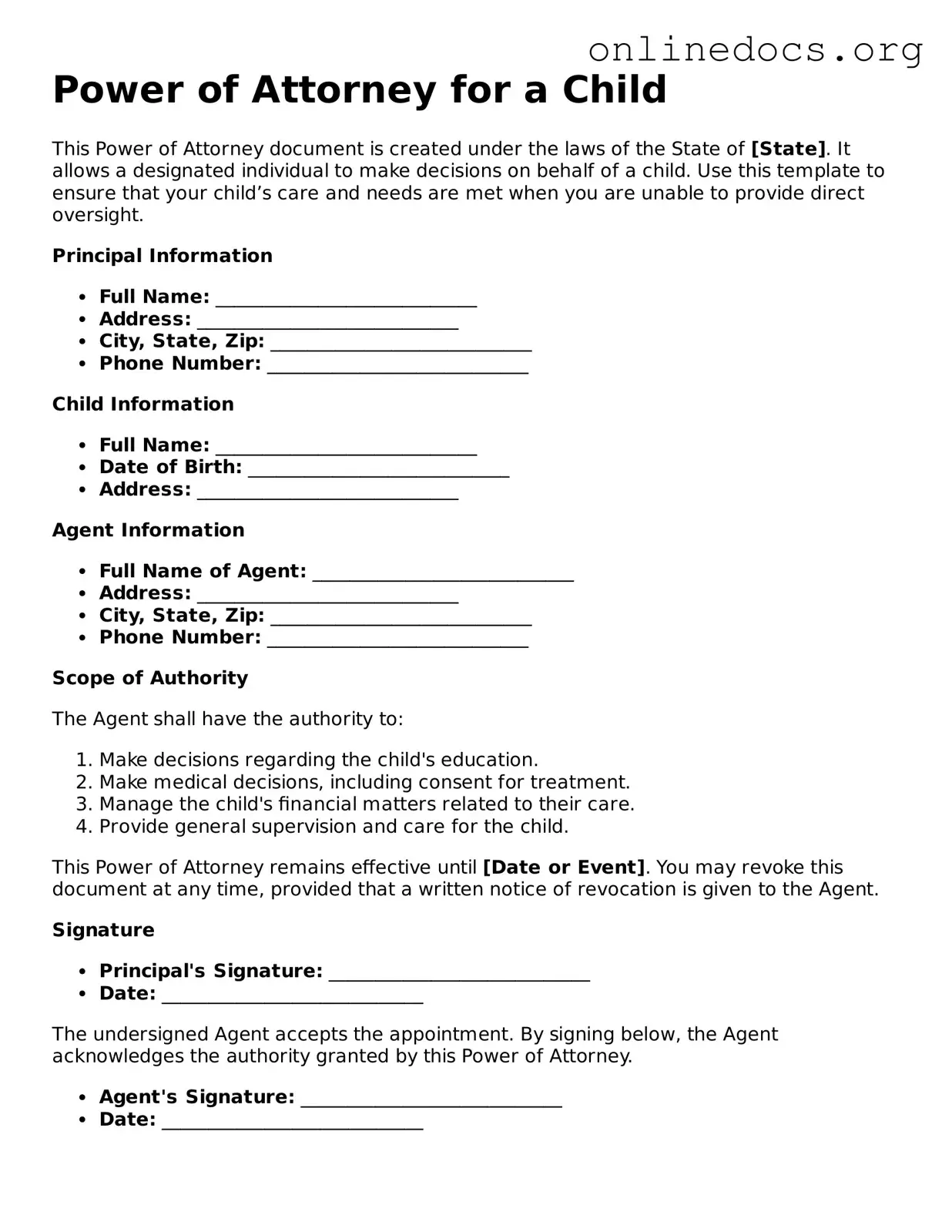 Printable Power of Attorney for a Child Form
