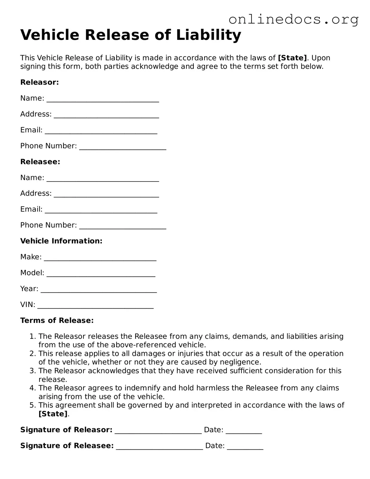 Printable Vehicle Release of Liability Form