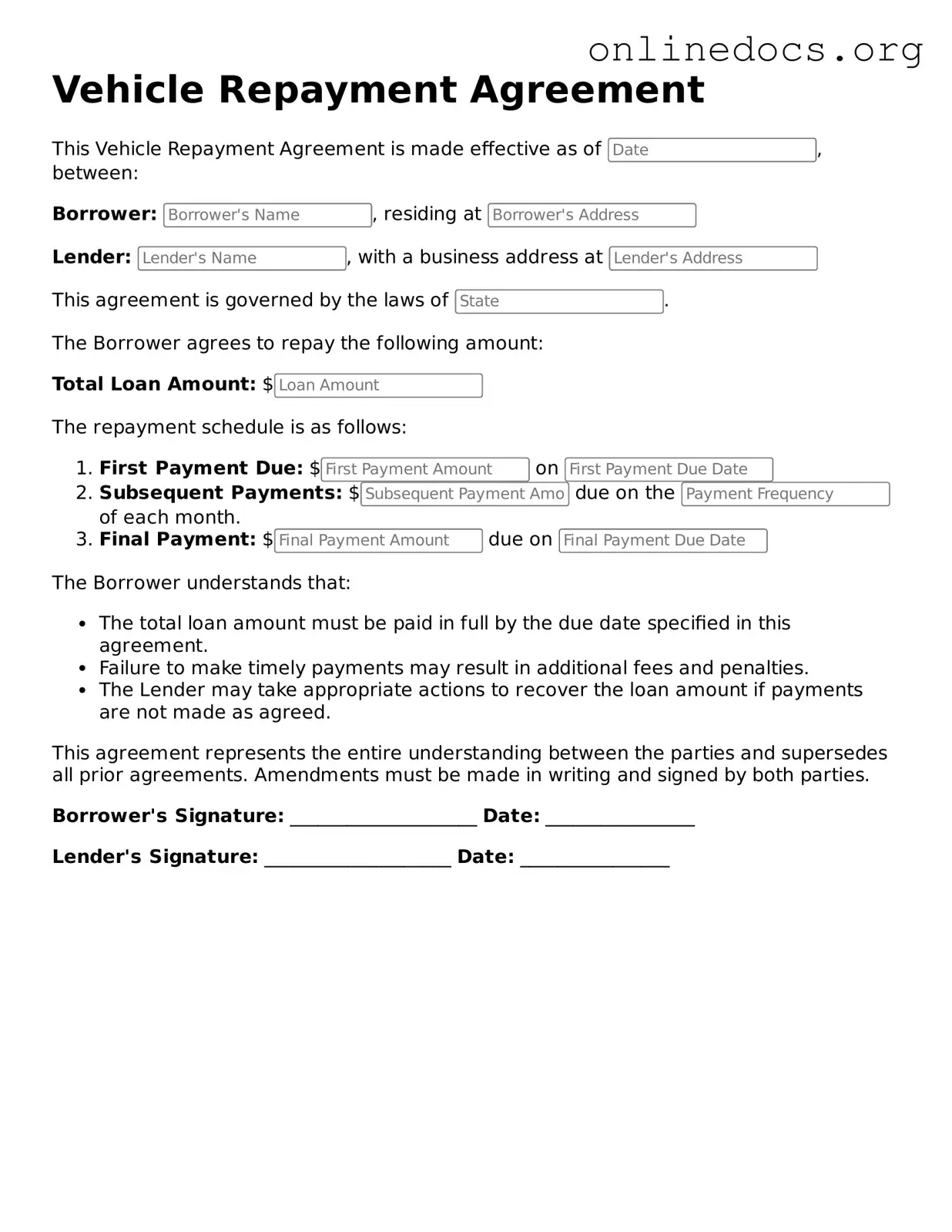 Printable Vehicle Repayment Agreement Form